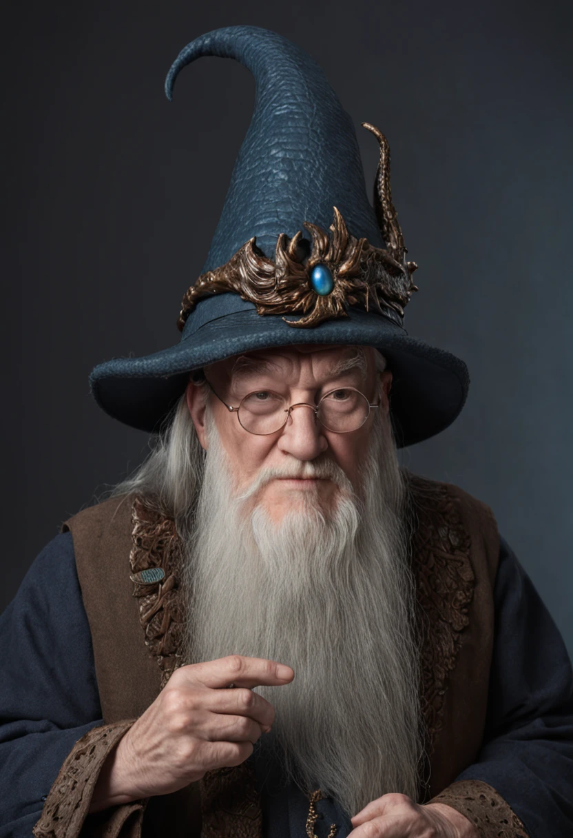 dumbledore，a old man，Big chest，wearing an outfit，Wearing crocodile dragon armor，Wearing a crocodile head hat，muscle men， Man ，Wear half-moon glasses，Realiy，，Blue whale in hand，Full body photo