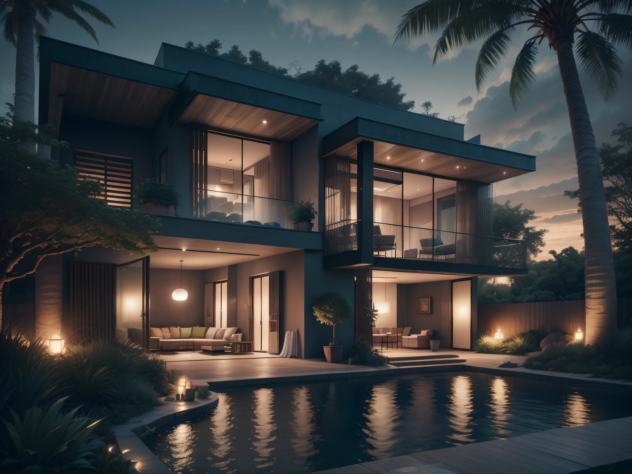 Bohemian House, Luxury beachfront Caribbean luxury villas, Glass open space loft villa with roof garden, modern, Dynamic (RAW photo, Real, Best quality, Masterpiece:1.2), (Ultra photo realsisim, photo-realistic:1.2), High quality, (Dark lighting:1.2), Perfect lighting, archdaily, Architectural Digest Award winner sustainable architecture, Cinematic