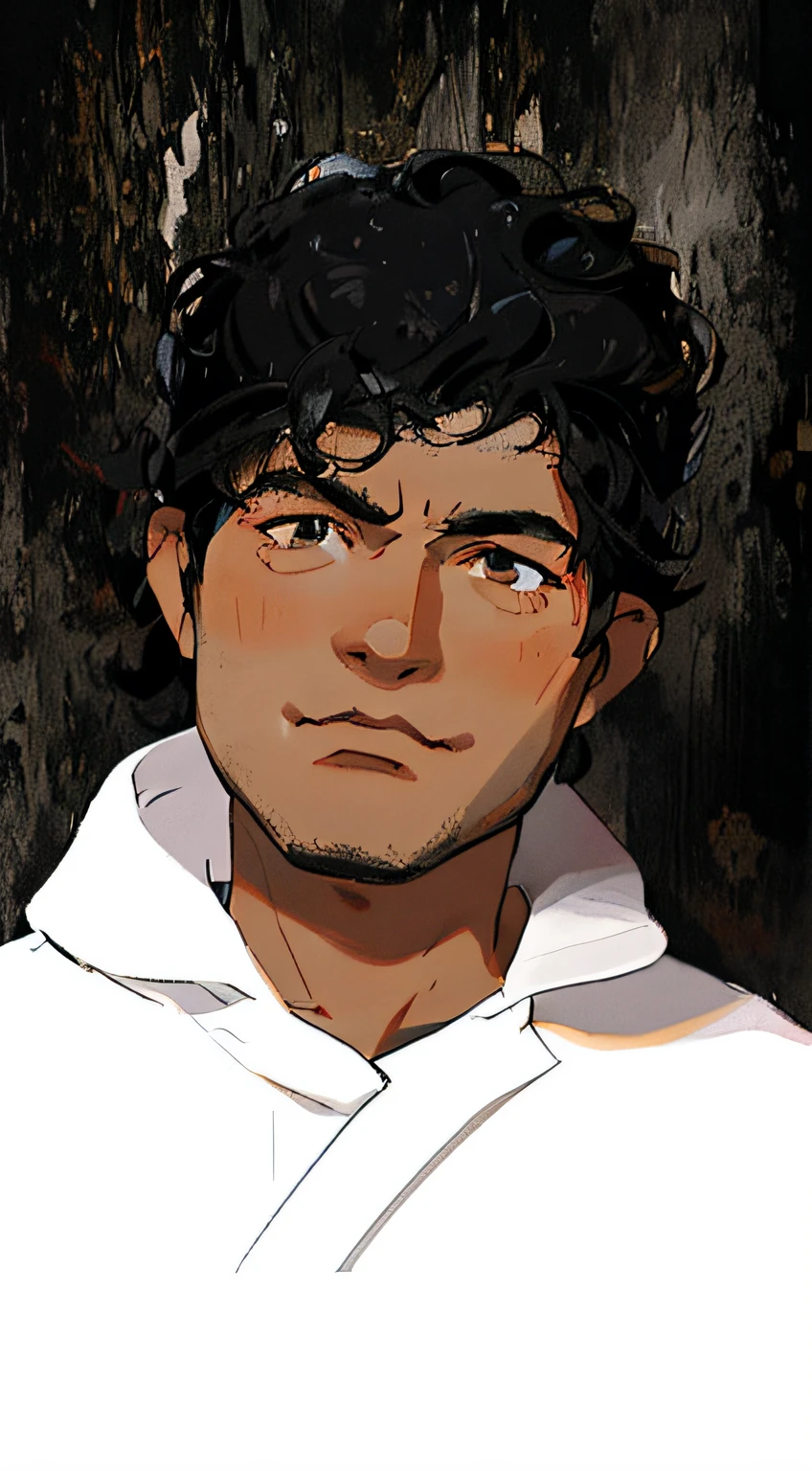 anime style, curly black hair, white skin, black eyes, serious looking