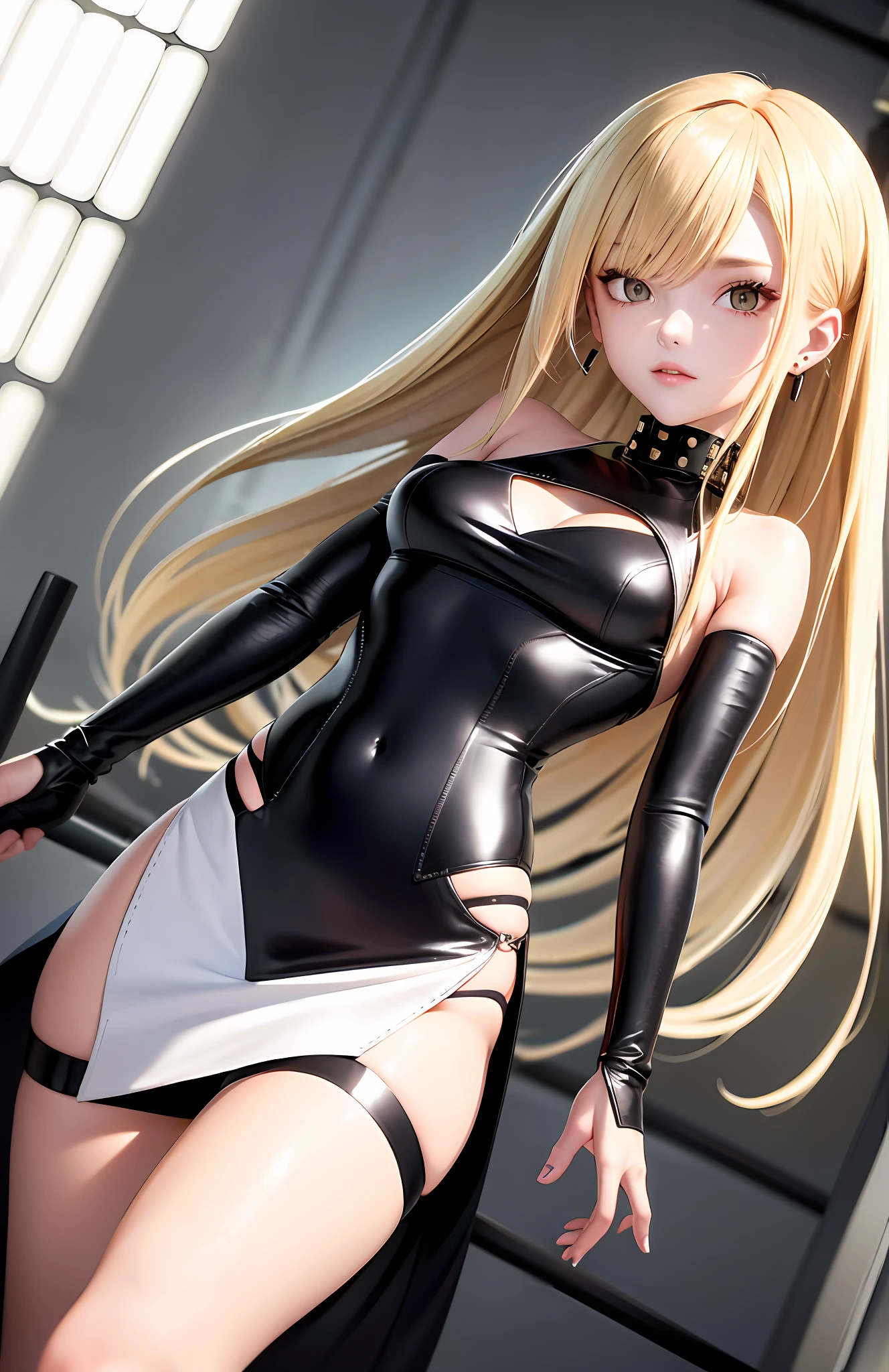 optimum，tmasterpiece，A high resolution，best qualtiy，hyper HD，super detailing，Award-Awarded，16k，独奏，（（The upper part of the body）），（（Bust）），anatomy correct，Beautiful cyberpunk girl，cute  face，，Gradient Beige Hair，Hairline，（（Scarlet eyes）），long eyelasher，Hanging eye corners，White skin of the，（small boobs），（Slim body），（（Women's super short shawl leather jacket）），（（racing_suit）），（（High-Low_long  skirt）），ear studs，（Neck strap），（Laser material clothing：1.2）