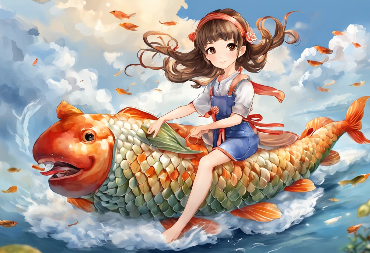 movie picture quality，China-style，Little girl sitting on giant koi flying in the sky，Thick clouds，Short hair and small braids，Denim suspenders，The barefoot，depth of fields，high light，Real light，Ray traching，oc rendered，Hyper-realistic，best qualtiy，8K，Works of masters，super-fine，Detailed pubic hair，Correct anatomy，sharp focus on eyes，Bokeh，Facial features are carefully depicted