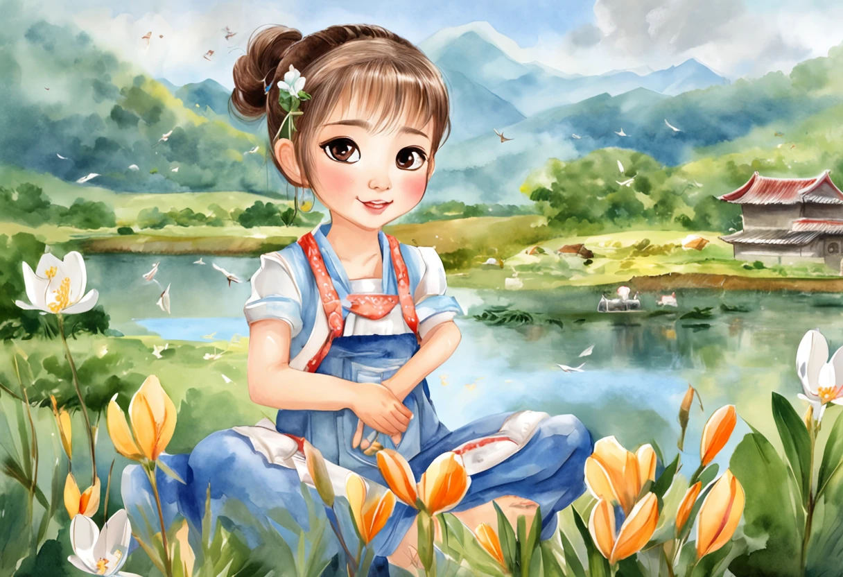 movie picture quality，China-style，Little girl sitting on giant koi flying in the sky，Thick clouds，Short hair and small braids，Denim suspenders，The barefoot，depth of fields，high light，Real light，Ray traching，oc rendered，Hyper-realistic，best qualtiy，8K，Works of masters，super-fine，Detailed pubic hair，Correct ???????，sharp focus on eyes，Bokeh，Facial features are carefully depicted