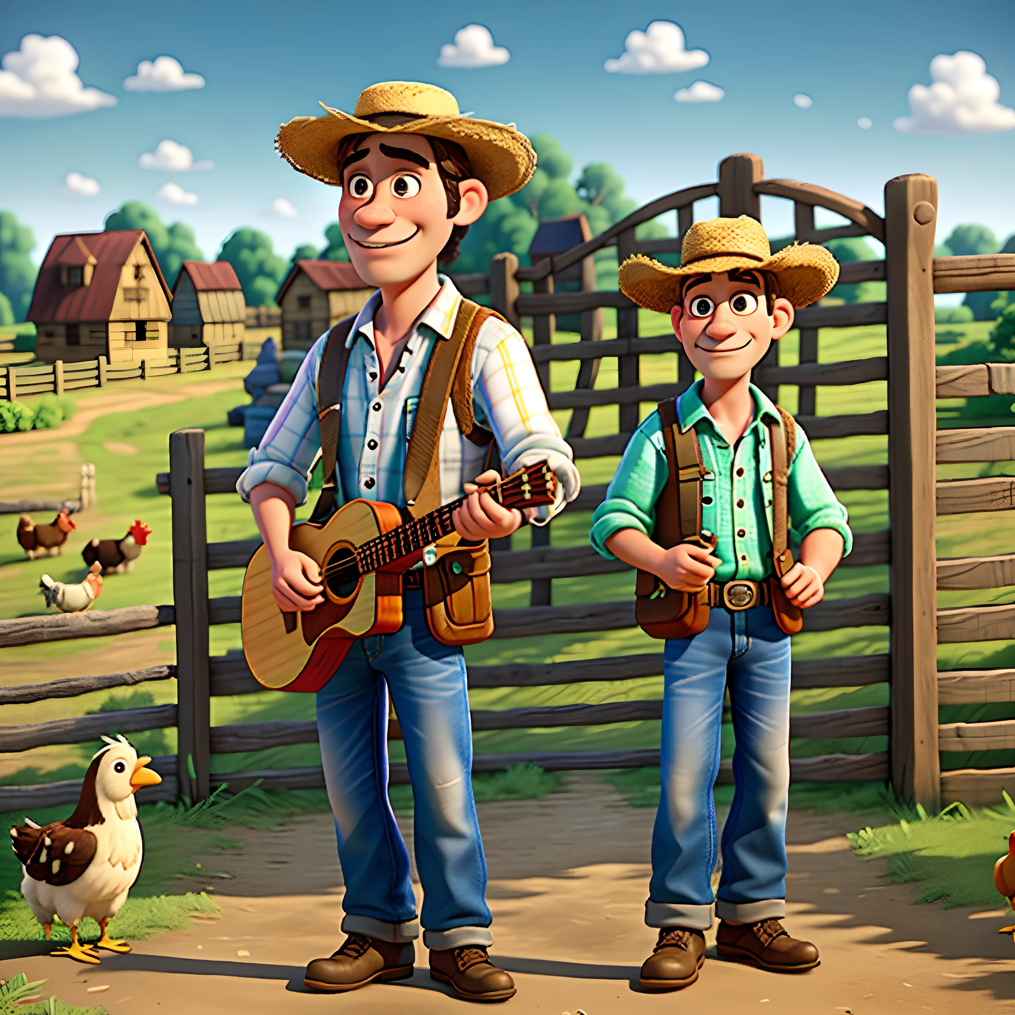 a country man, 40 years old, in shabby clothes, straw hat, leaning against a barnyard gate, playing a country guitar.  cows and chickens in the background.  super hyper detailed, 8k uhd, 3D render, modern Disney Pixar style.