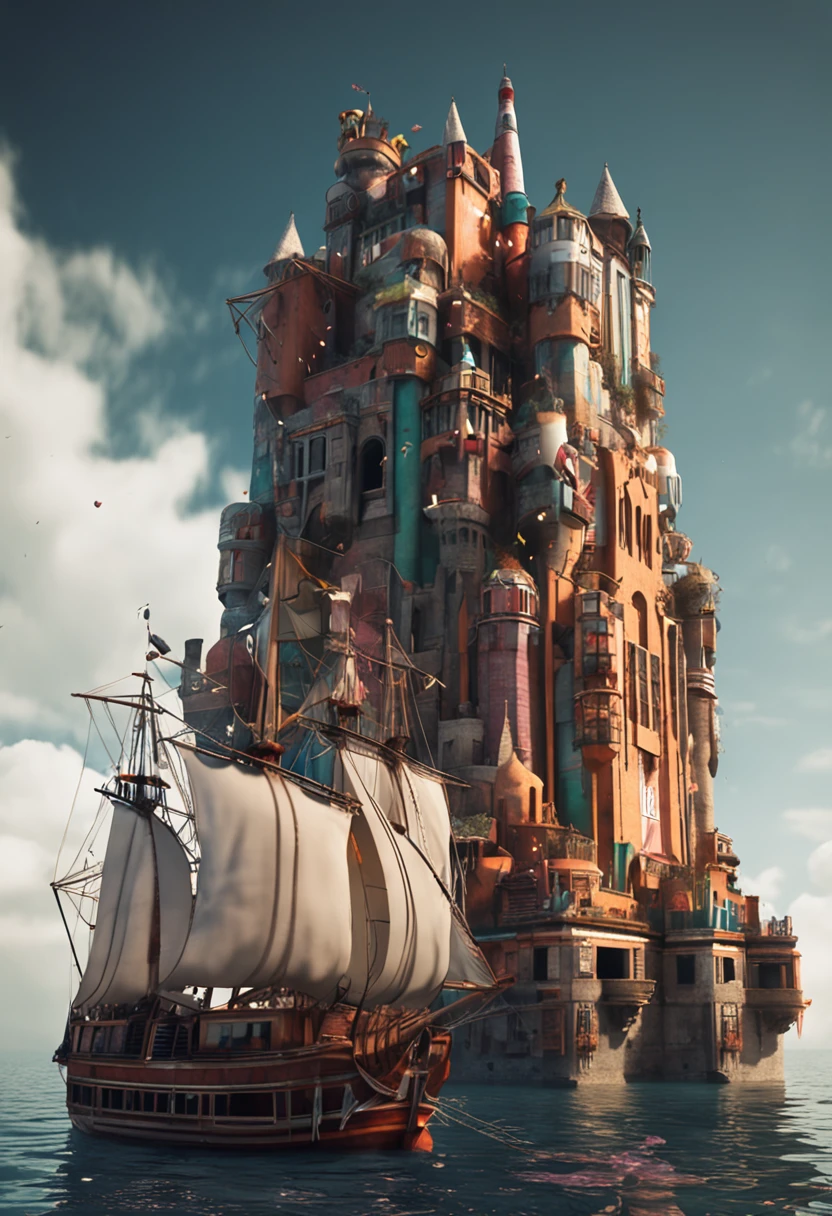 a huge tower amd  a boat