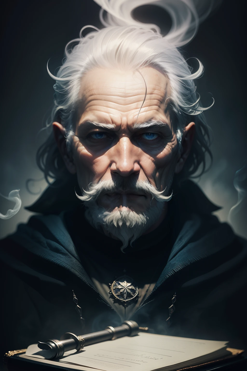 Smoke old wizard face **Centered**, Smoke underwater mist, The ultra-detailed sharpness of Zddislaw Beksinski and Mikhail Vrubel , Mystic mysterious high diary 8k dark and silver splash smoke background