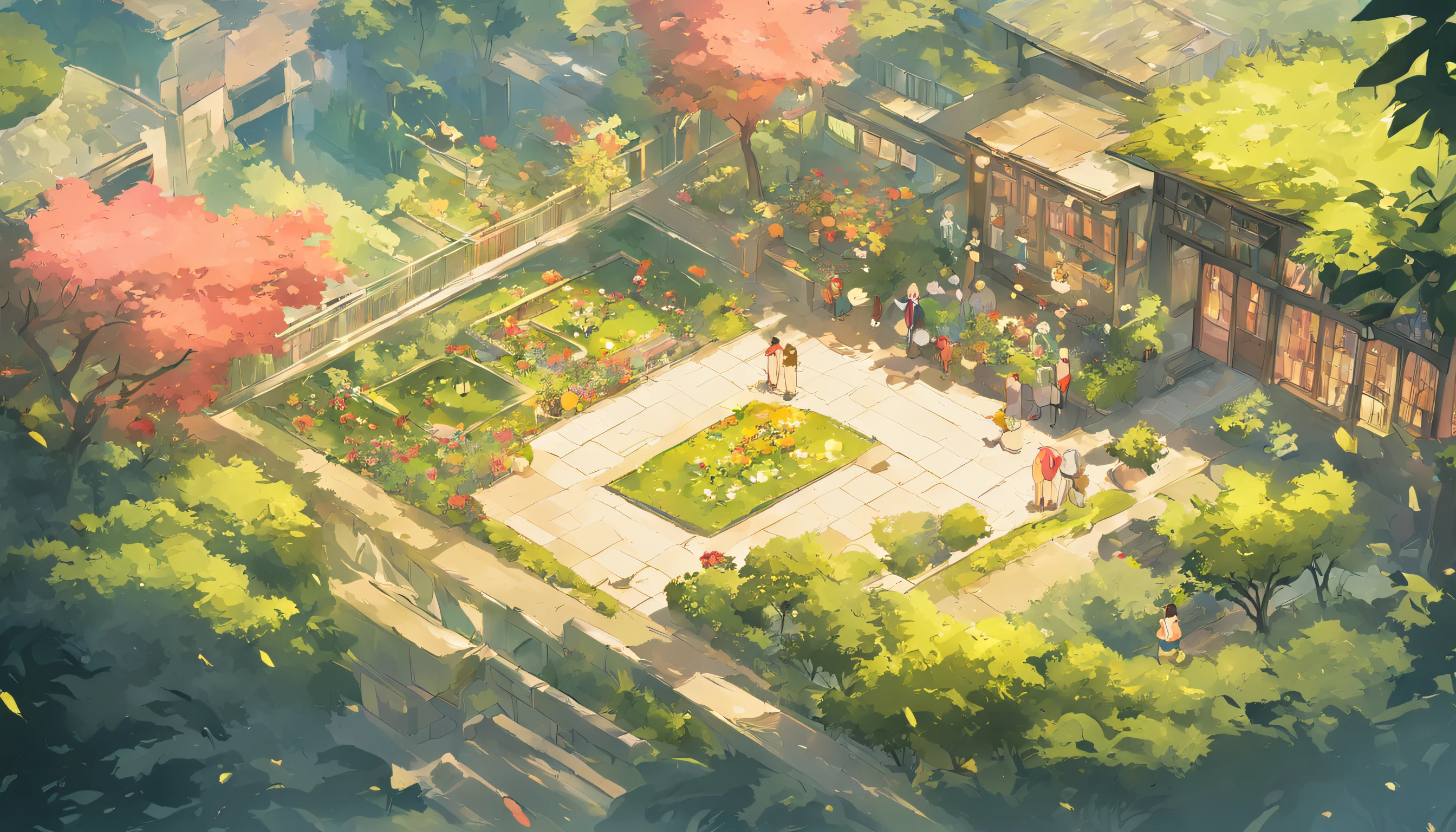 Low bird's-eye view,Large botanical garden,There are colorful plants,There are many small gardens,There are several trails,There are a lot of seniors,There are seats for the seats,The background is community housing