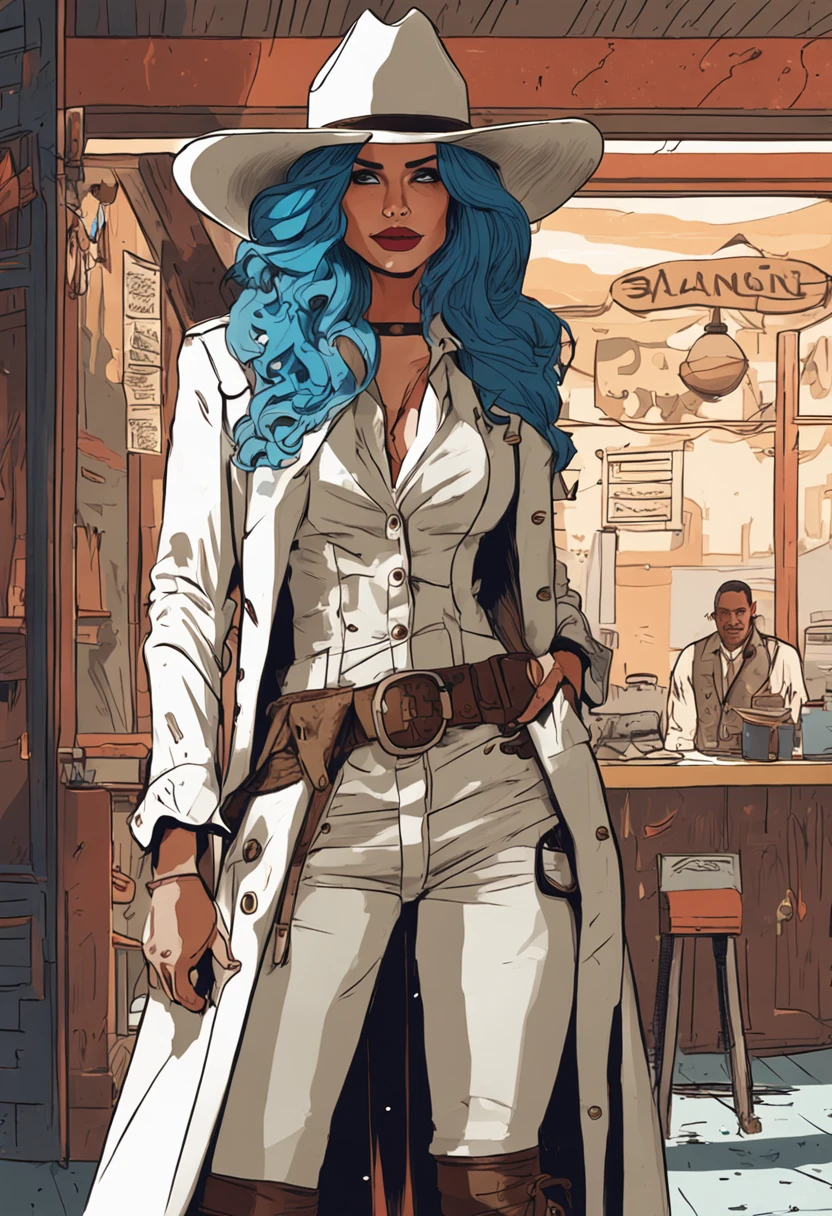 Action scene in a western movie, Alissa White-Gluz with blue hair, dressed in a white trench coat, blouse and cowboy hat walks in to a saloon with draw pistols ((pointed at the viewer)). Full body