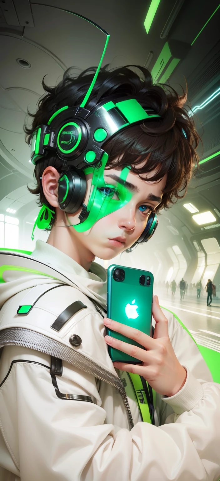 Boy With I Phone futuristic background realistic face 8K ultra high quality Hd