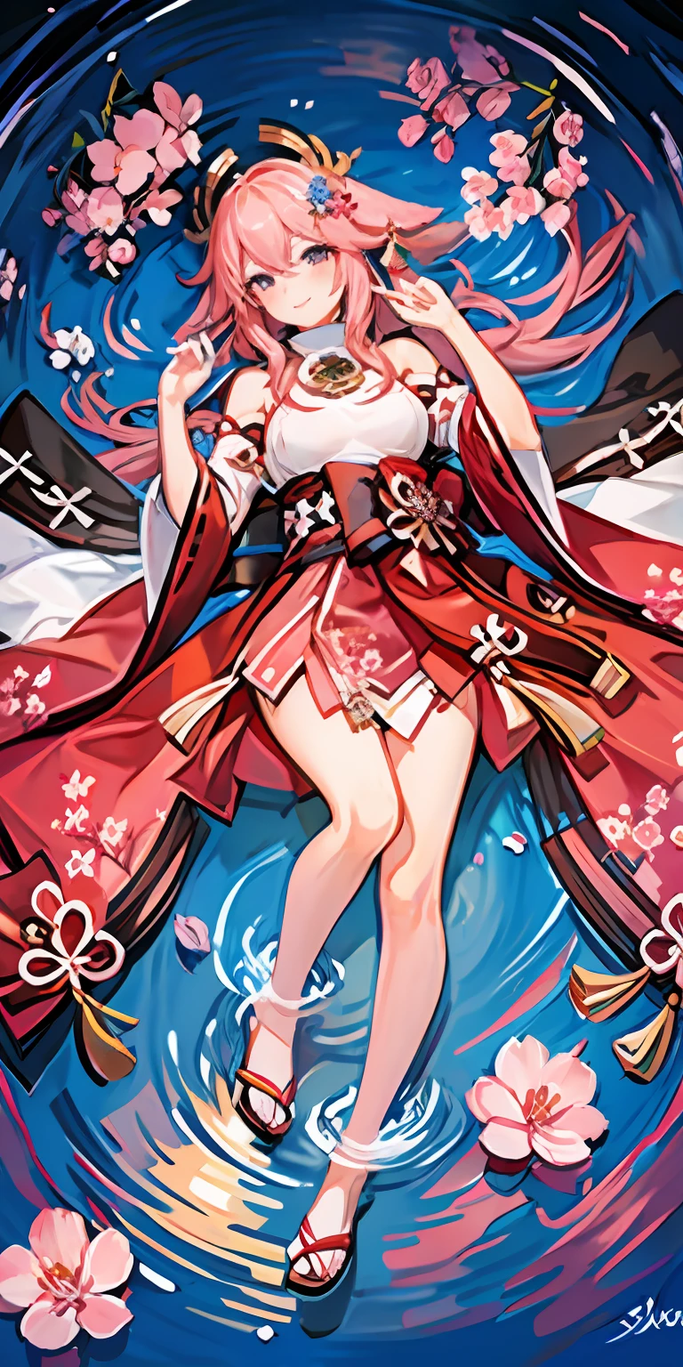 best quality, masterpiece, highres, 1girl,female,solo, mature female,yae miko, 1girl, \n/, animal ears, bare shoulders, blush, breasts, cherry blossoms, closed mouth, detached sleeves, earrings, flower, fox ears, gem, hair between eyes, hair ornament, japanese clothes, jewelry, kimono, long hair, medium breasts, miko, nontraditional miko, pink eyes, pink flower, pink hair, purple gemstone, short kimono, sidelocks, smile, solo, upper body, white kimono, ((masterpiece)), ((fullbody)) laying on top of cherry blossoms, lots of flowers, view from the above, top view, half submerged in pink flowers, pink water, sunset light