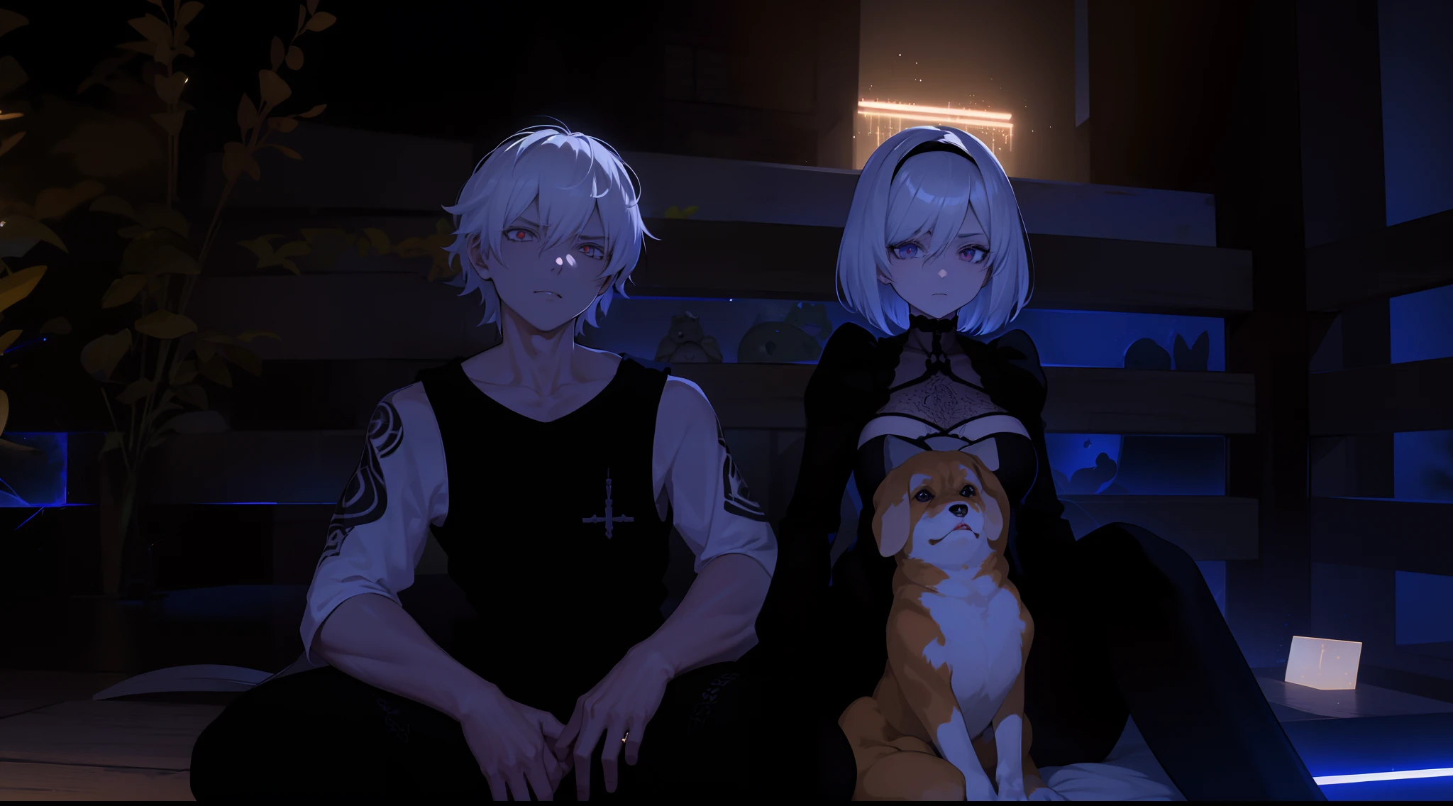 Anime characters sitting next to a dog in a dark room, 2 b, 2b, Gloomy and gloomy lighting, nier 2 b, Sasura, Avatar de Second Life, Nixeu y Sakimichan, escena espiritual, Segundo Vida, Gothic family, Poca luz, corona de (((White lasers))), Hidari y Vlop, Medianoche, con ojos brillantes