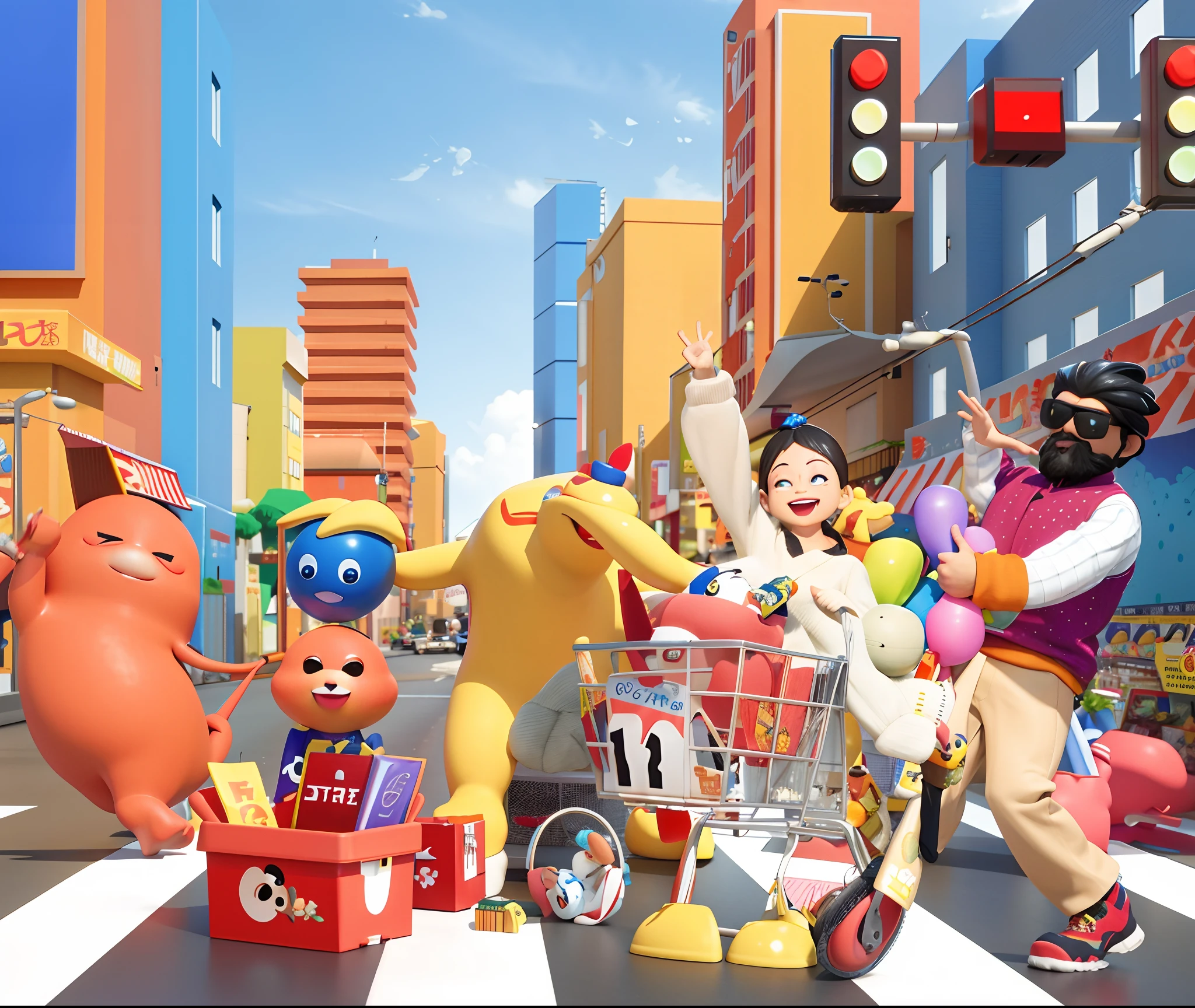 Cartoon character in shopping cart on busy street, commercial photo of toys, 3D model of a Japanese mascot, 3 d desenho animado, Pixar 3D rendering, 3 d animated movie, pop japonisme 3 d ultra detailed, promotional render, cute 3 d render, toon boom render, 3D characters, kenny wong x pop mart, 3 D 插图