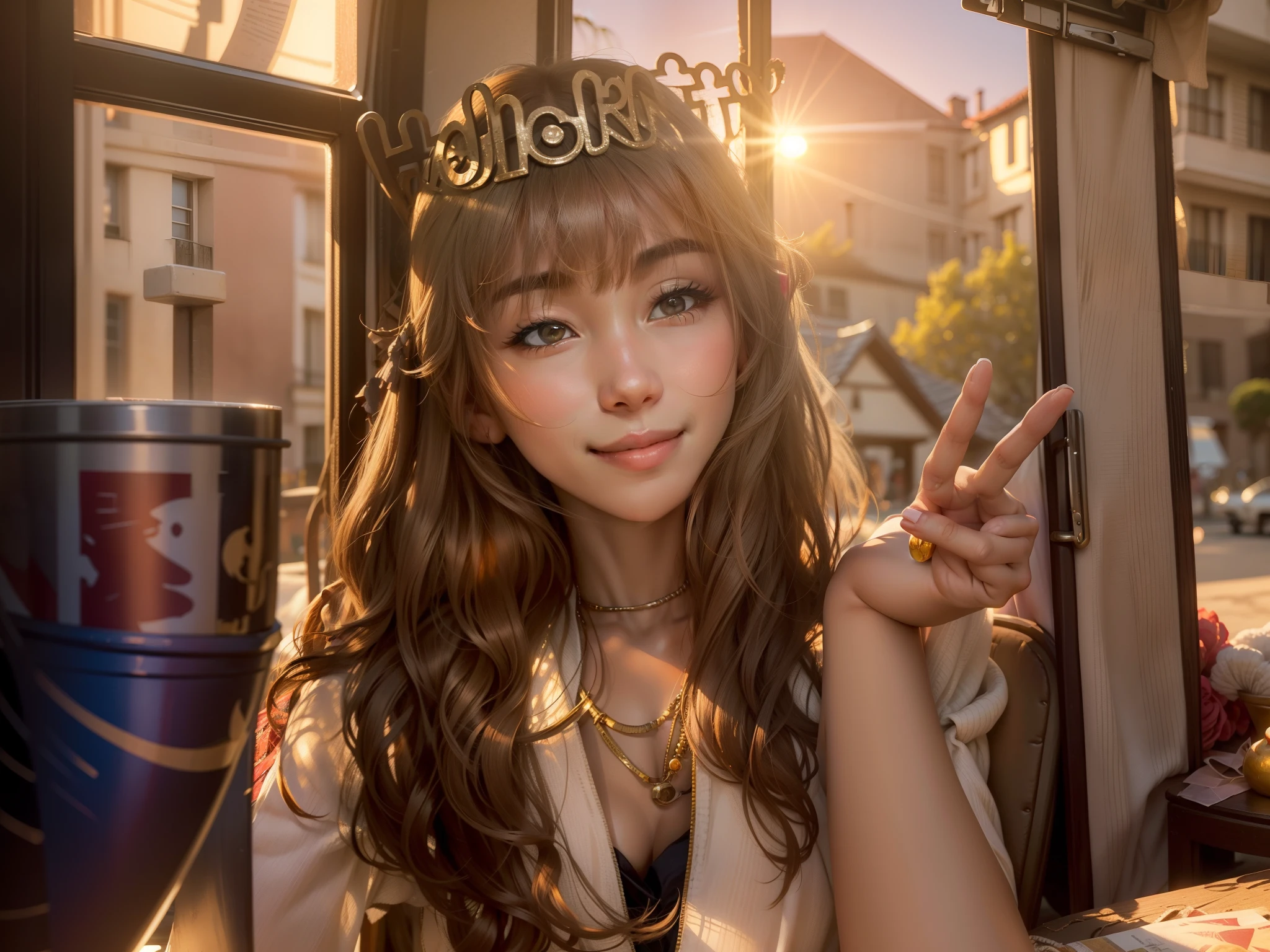 In the setting sun, the beautiful woman was lying on the table and smiling at me