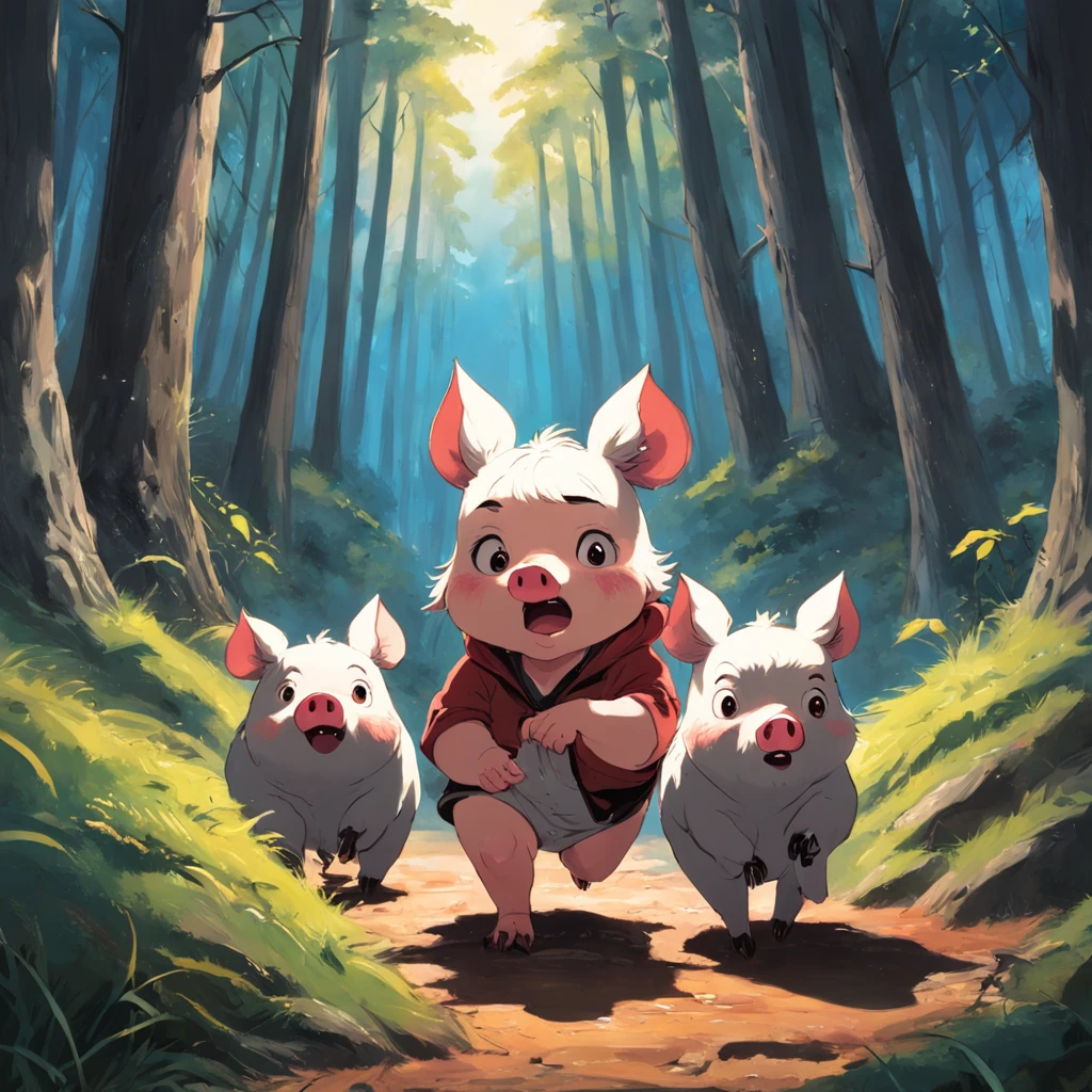 ((pintura de alta qualidade)), floresta em chamas, lobo correndo, salvar, Three Little Pigs, action, intense emotion, dramatic