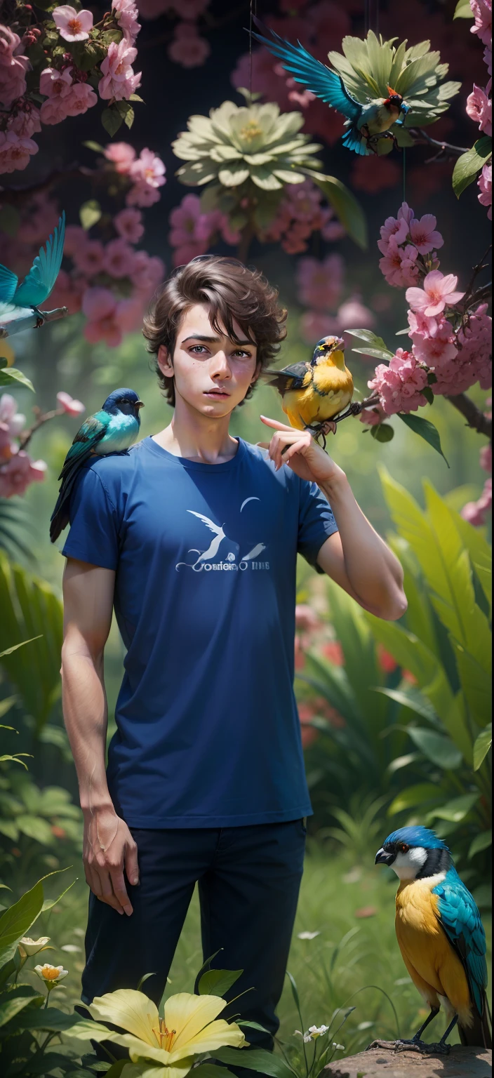 Boy With brids futuristic background realistic face cline 8K ultra high quality Hd