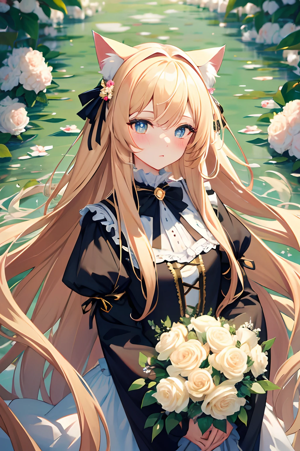 Very long hair, flowers in head, Cat ears, Bright pupils, Blush, Monet, anaglyph, Fuji colors, outside border, From above, hyper HD, Masterpiece, ccurate, Textured skin, 4K, Best quality, A high resolution, High quality, hyper HD, Masterpiece, Textured skin, A high resolution, Best quality, High quality, 4K,opulent