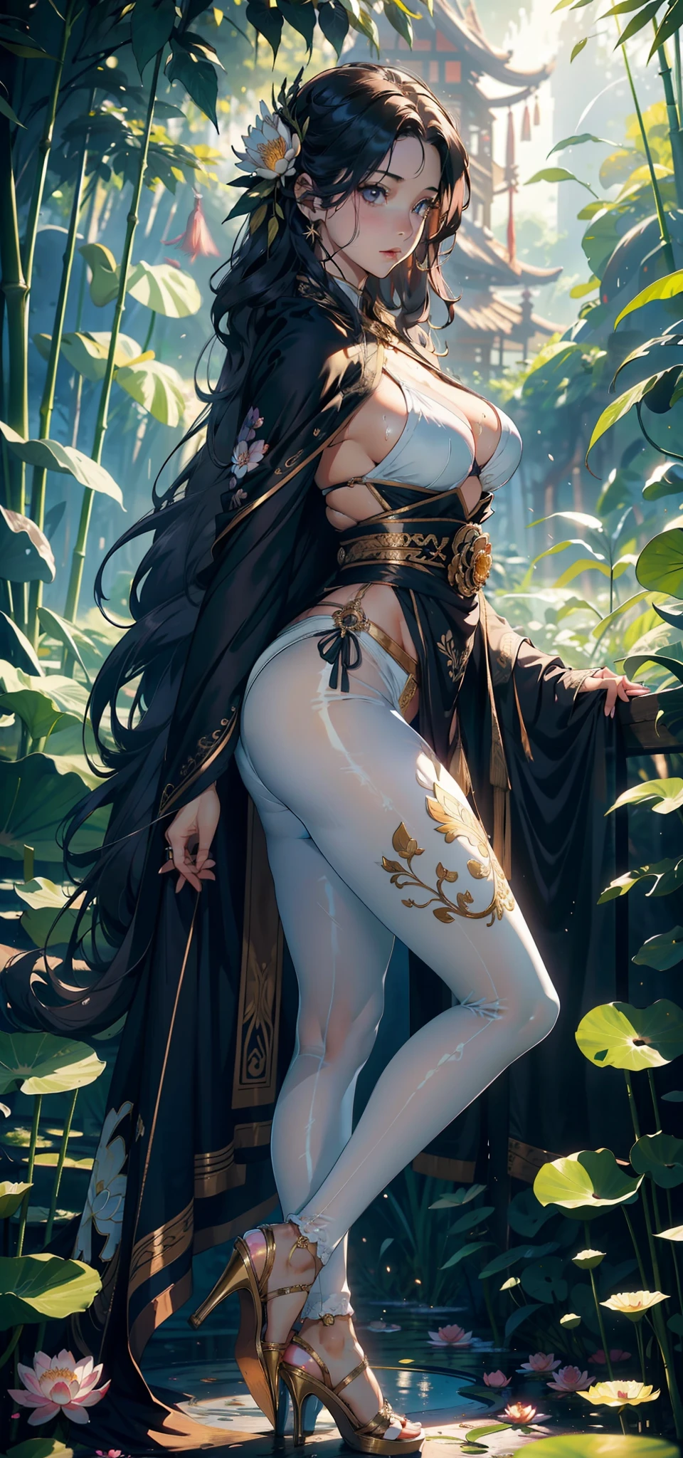 1female,25 age old,Large breasts,long leges,Big breasts Thin waist,Pornographic exposure, 独奏,(Background with:bamboo forrest,lotus flower,lotuses,Stand in a sea of flowers,in summer) She has long purple hair,standing on your feet,Sweat profusely,drenched all over the body,seen from the front, curlies, mostly cloudy sky,(((tmasterpiece),(Very detailed CG unity 8K wallpaper),best qualtiy,cinmatic lighting,detailed back ground,beatiful detailed eyes,Bright pupils,(Very fine and beautiful),(Beautiful and detailed eye description),ultra - detailed,tmasterpiece,)),facing at camera,A high resolution,ultra - detailed),revealing breasts,Bare genitalia, Bulge,Camel toes,Raised sexy,Flushed complexion,Open-mouthed,frontage,The brave(Wearing:Loose white shirt,Black leggings,Gold wire embroidery,Cloak)nakeness,high-heels