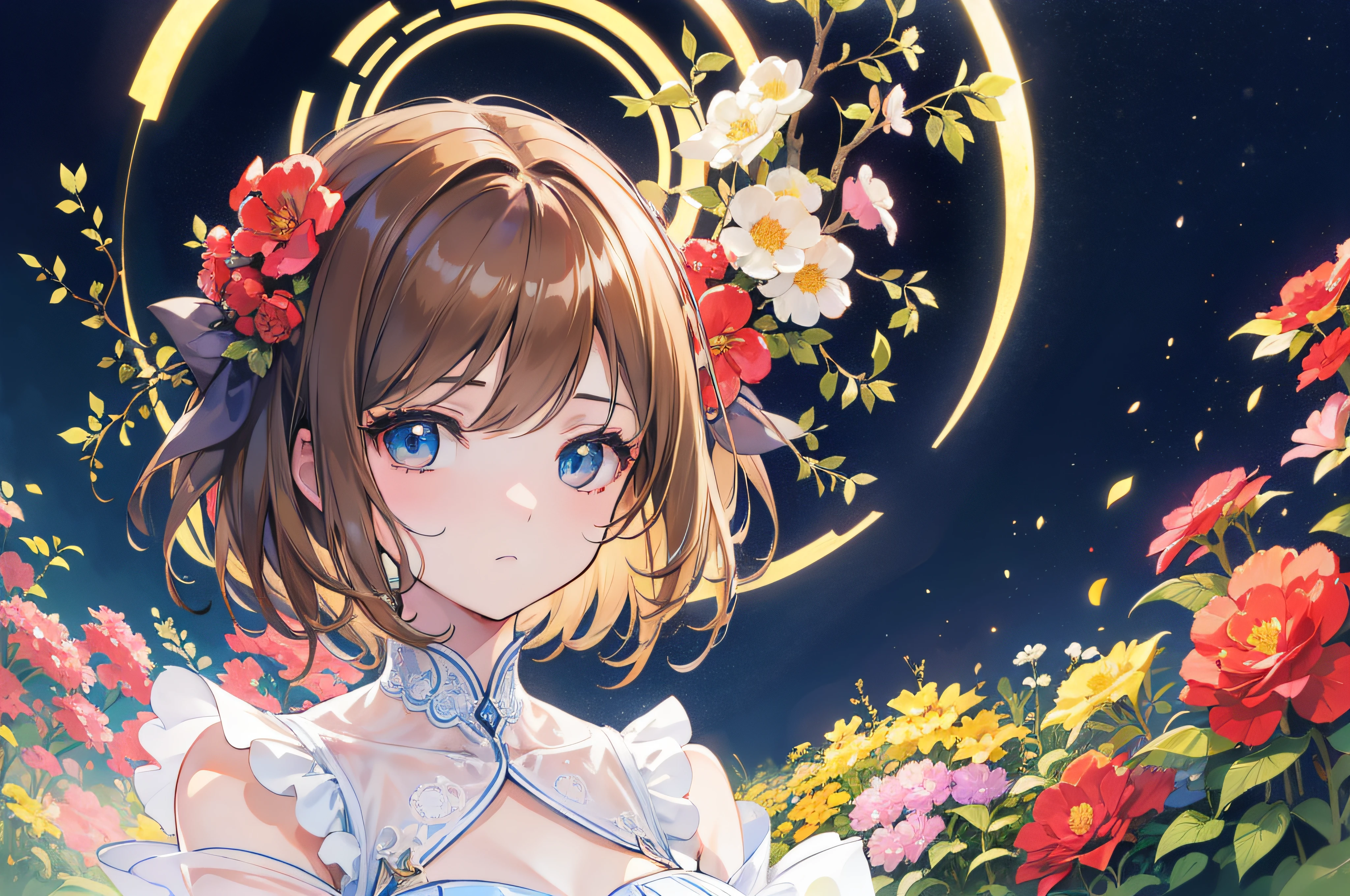 Official Art, Masterpiece European female face, short hair, lightbrown hair, brown eyes , flower garden , (masterpiece、top-quality、hight resolution: 1.4),in 8K, Drawing of a woman with short lightbrown hair, Anime Art Nouveau, highly detailed exquisite fanart, anime fantasy illustration, clean detailed anime art, detailed anime art, Sharp Focus, Delicate Beautiful Hair and Eyes and Face, realisitic, ultra-detailliert, a beauty girl, sunlight