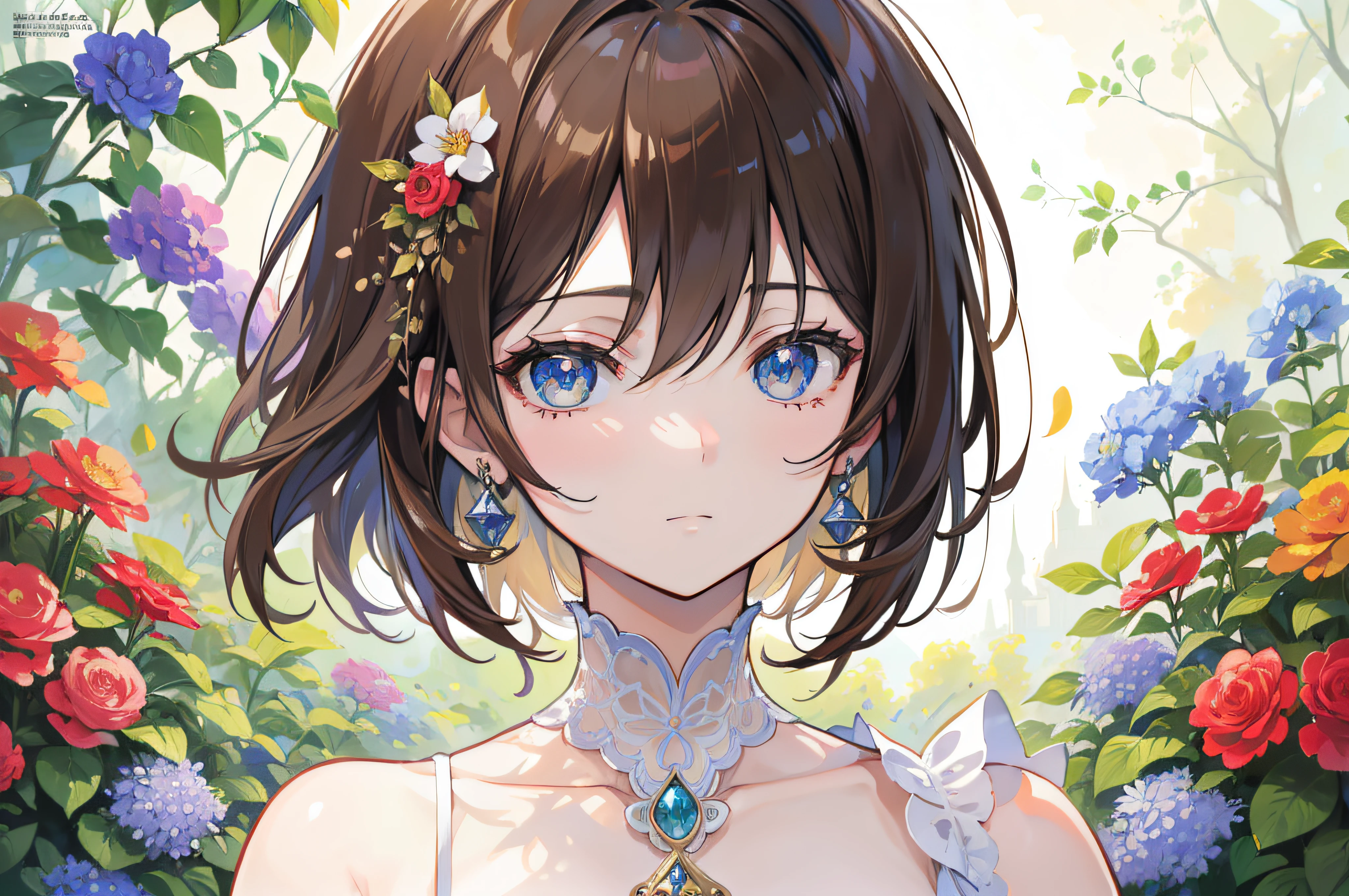 Official Art, Masterpiece European female face, short hair, lightbrown hair, brown eyes , flower garden , (masterpiece、top-quality、hight resolution: 1.4),in 8K, Drawing of a woman with short lightbrown hair, Anime Art Nouveau, highly detailed exquisite fanart, anime fantasy illustration, clean detailed anime art, detailed anime art, Sharp Focus, Delicate Beautiful Hair and Eyes and Face, realisitic, ultra-detailliert, a beauty girl, sunlight