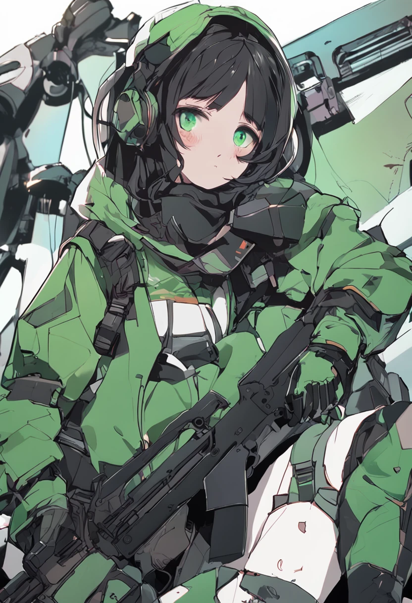 、assault rifle、Long sideburns、Beautiful anime style girl all over, clean detailed faces, Cyber,analogous colors, Glowing shadow, beautiful gradation, Depth of field, Clean image, High quality,Black hoodie outfit、 High detail, High definition, Blush, coalescence, beleza celestial, Very detailed, Soft lighting, full bodyesbian,Green＆Black hair,Green eyes、