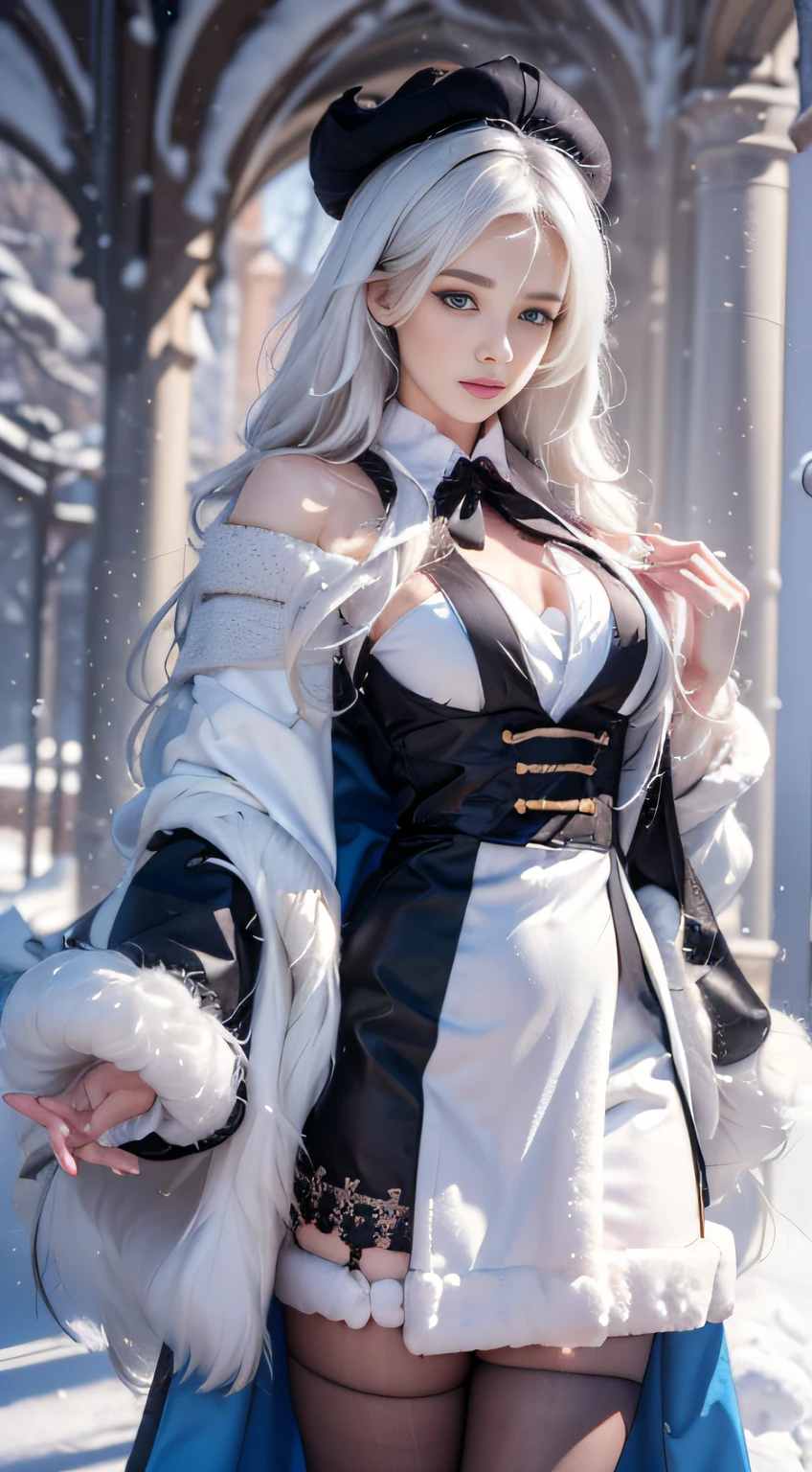 Photorealistic, high resolution, 1 Women, Solo, (Lolita costume),Gorgeous costumes,Face the audience,The upper part of the body,upper legs, beautidful eyes, White hair, ringed eyes, (outside,Heavy snowfall,Cloak,Cover with snow),snowfield,Blue eyes,Illustrations of the highest quality,A meticulous face