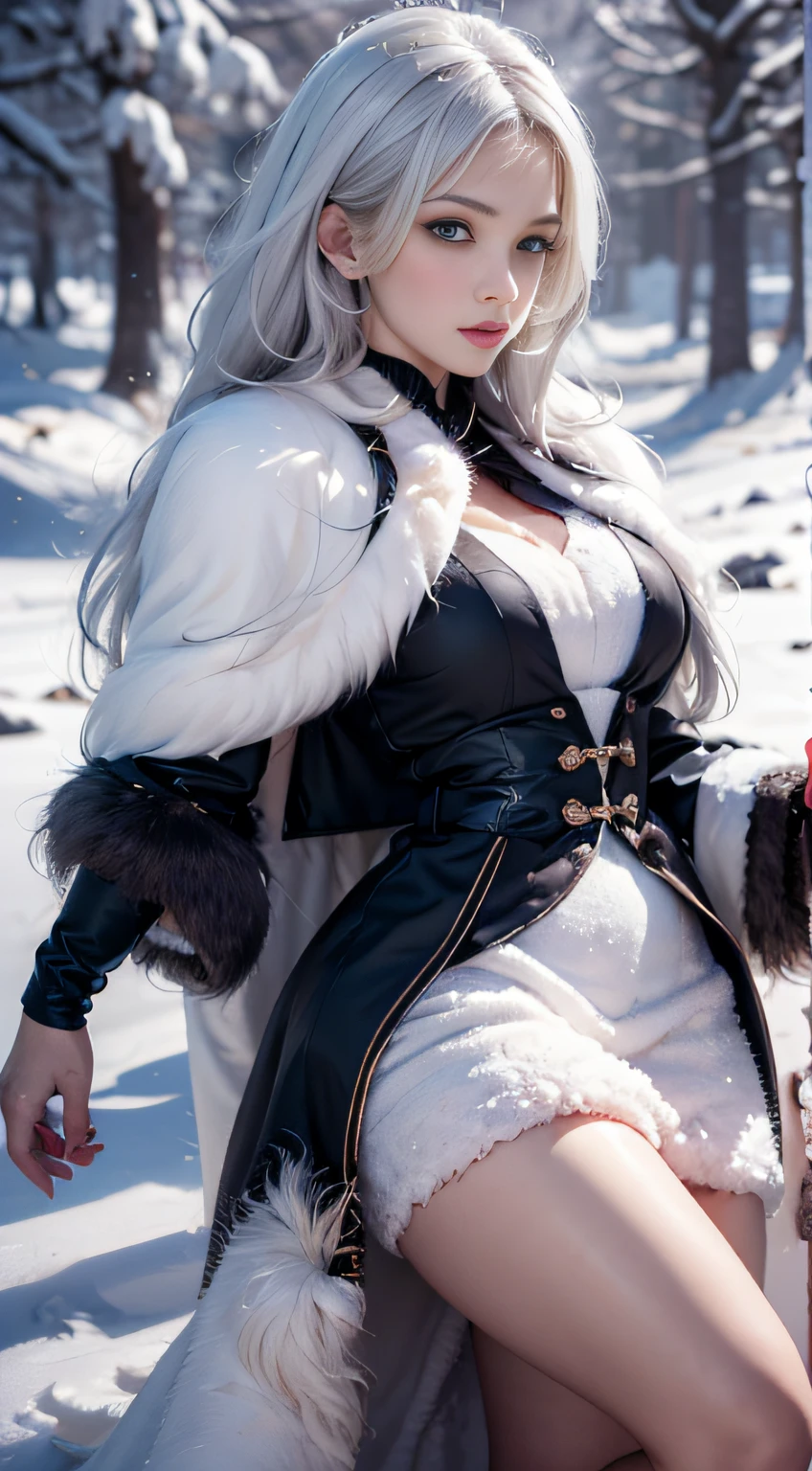 Photorealistic, high resolution, 1 Women, Solo, (Lolita costume)，Bare chest、Gorgeous costumes，Face the audience，delicated face，upper legs， beautidful eyes, White hair, ringed eyes, (outside，Heavy snowfall，Cloak，Cover with snow)，snowfield、huge breasts1.4