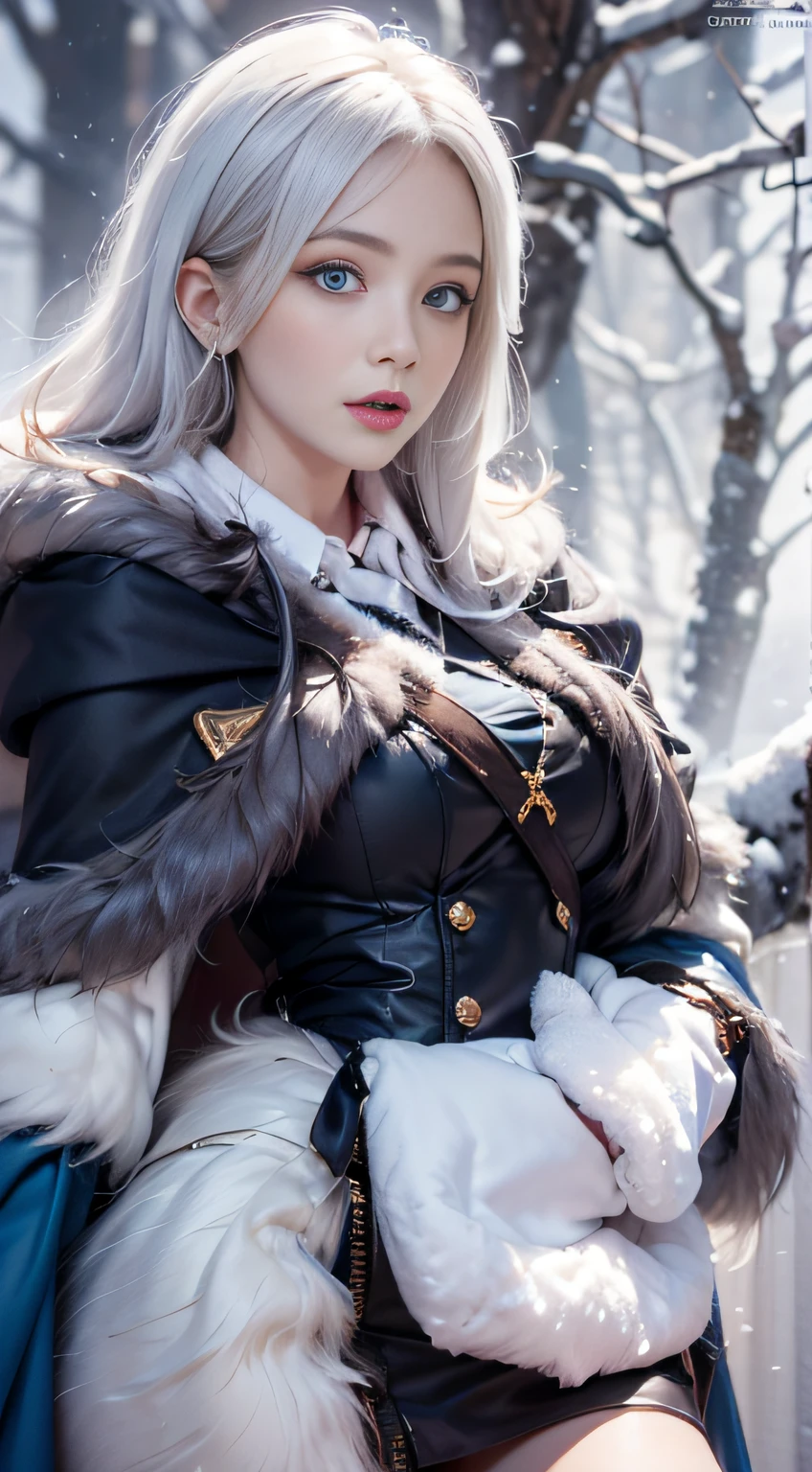 Photorealistic, high resolution, 1 Women, Solo, (Lolita costume)，Gorgeous costumes，Face the audience，The upper part of the body，upper legs， beautidful eyes, White hair, ringed eyes, (outside，Heavy snowfall，Cloak，Cover with snow)，snowfield，Blue eyes，Illustrations of the highest quality，A meticulous face