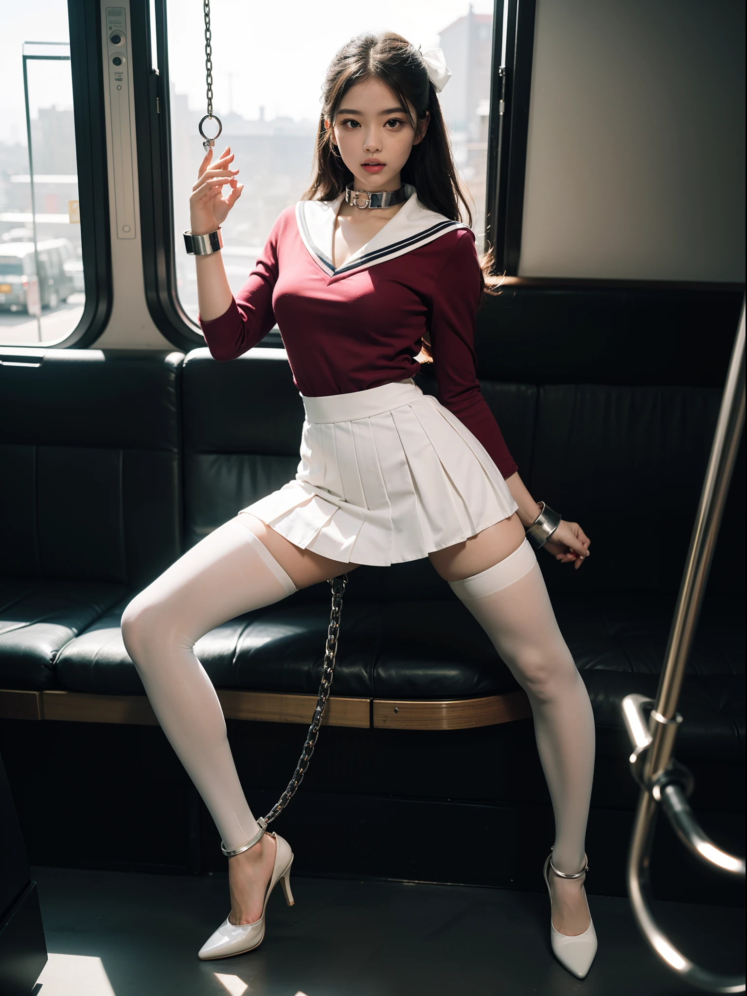 (full body:1.5),((girl):1.4),(view the viewer:1.4),(anatomy correct:1.3),(martial art pose on a bus:1.2),((colorful), (A red Sailor suit and checkered high waisted pleated skirt )):1.2),((white hose):1.32),( girl pointed thick heels :1.1),((Metal shackles, handcuffs, and bell collars):1.3),(Accurate and perfect face:1.3),hyper HD, Ray traching, reflective light, structurally correct, Award-Awarded, high detail, lighten shade contrast, Face lighting ,cinematic lighting, masterpiece, super detailing, high quality, high detail, best quality, 16k,High contrast,