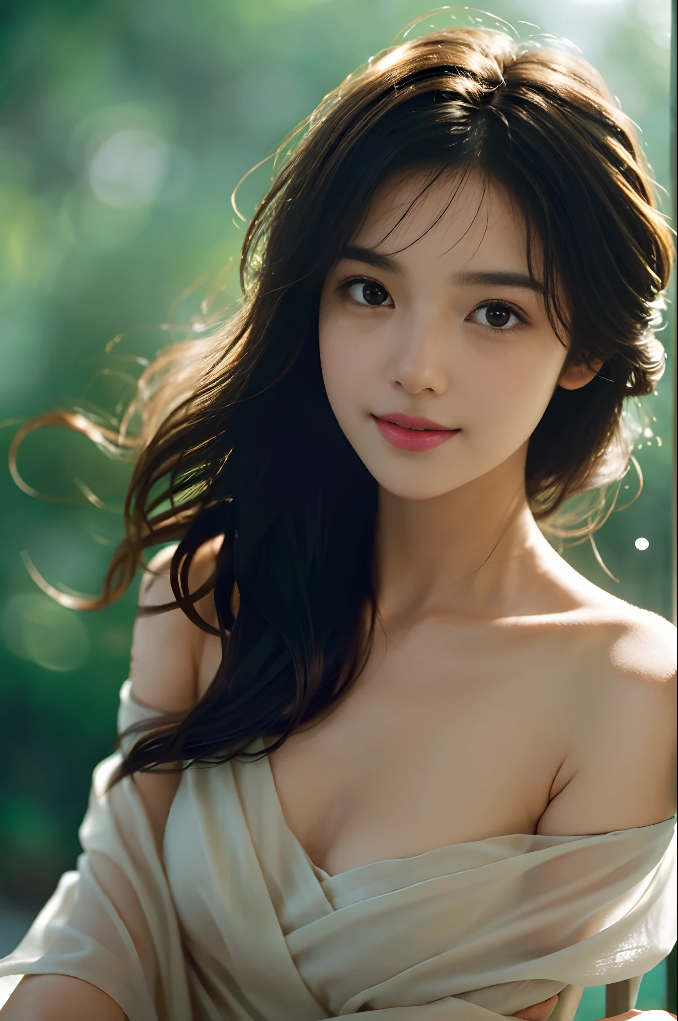 Best quality, masterpiece, ultra high res, (photorealistic:1.4), raw photo, 1girl, white dress, off shoulder, blossom flower field, glowing skin, light smile