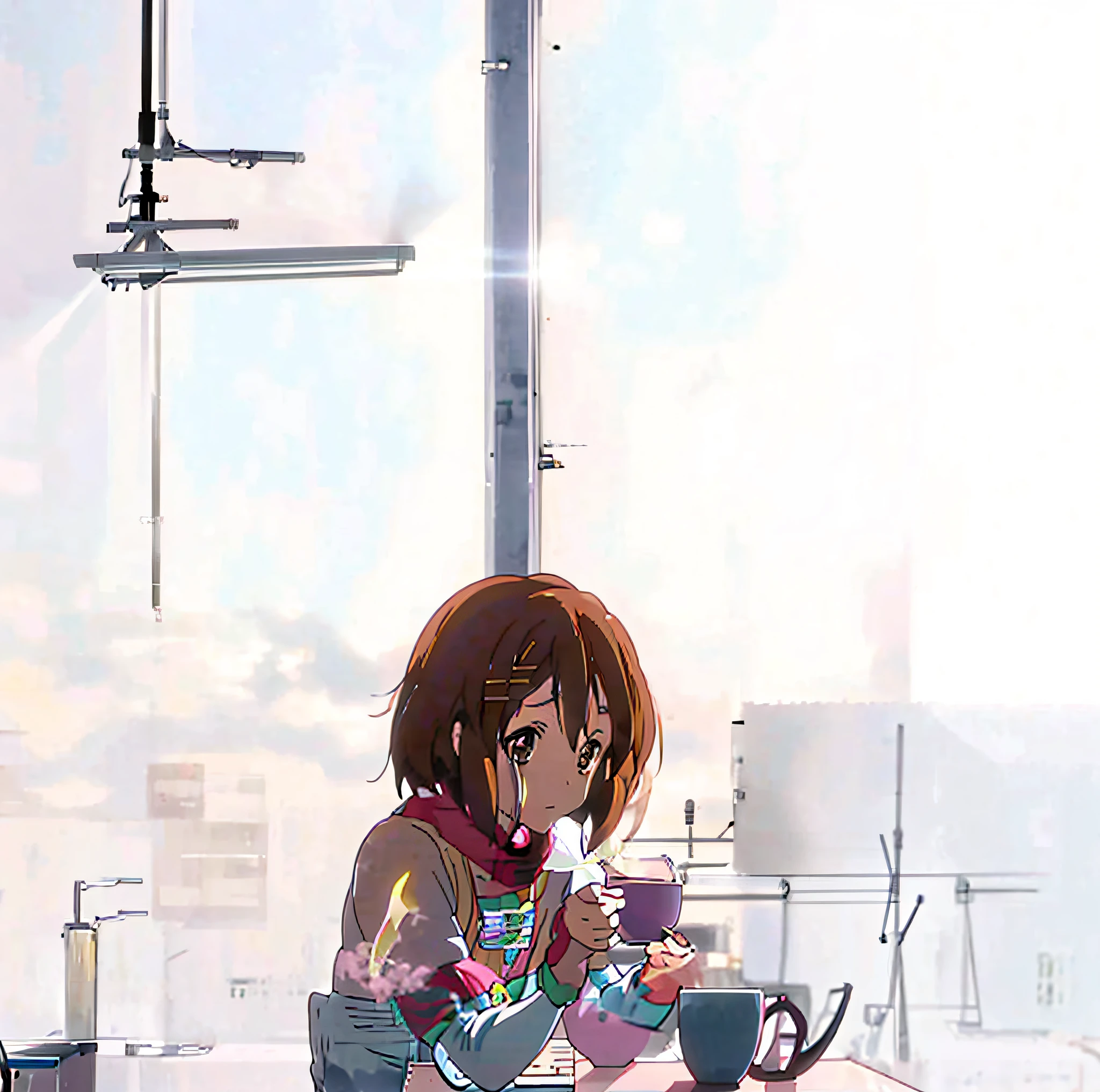 anime girl sitting at a table with a cup of coffee, 4K anime wallpaper, Anime wallpaper 4 k, Anime art wallpaper 8 K, Anime wallpaper 4K, makoto shinkai art style, Anime art wallpaper 4k, Anime art wallpaper 4 K, style of anime4 K, Makoto Shinkai. a digital rendering, lofi portrait at a window