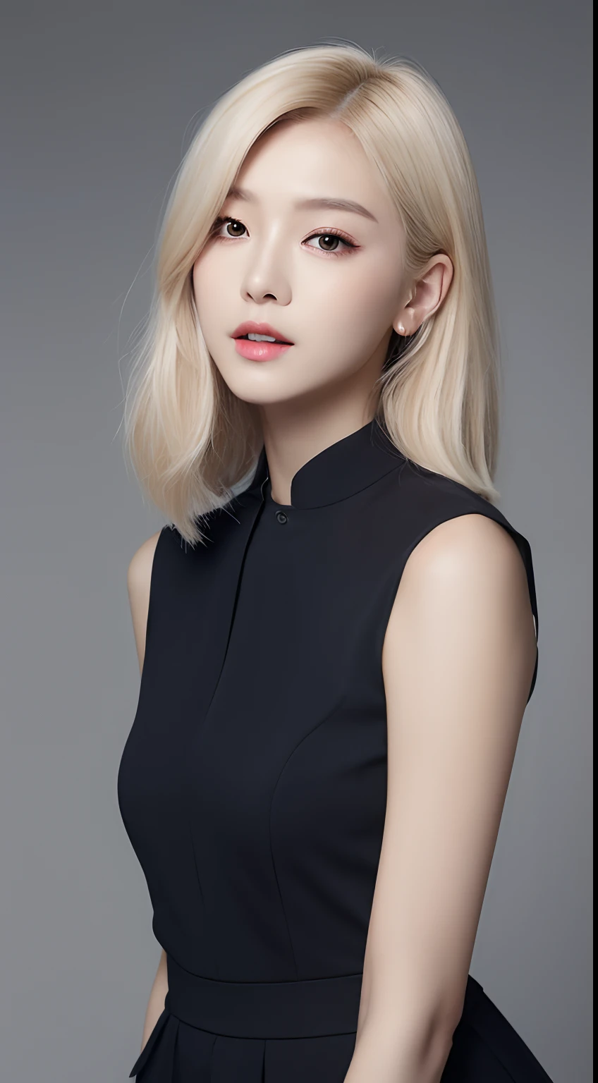 ((Realistic lighting、top-quality、8K、masterpiece:1.3))、Clear focus:1.2、1girl in、flawless beauty:1.4、slim((blonde hair))、Neat and clean clothing、One-piece clothes、Superfine Face、Narrow-eyed、二重まぶた、lighting like a movie、photos realistic、28 year old、Straight hair、Face like a K-pop idol、white backgrounid、Gray background、Mature Woman、Classy makeup、Light hair color Blonde、Angle of pull、