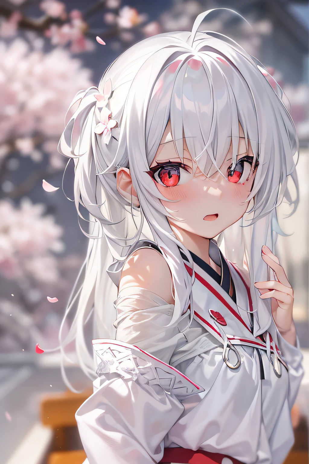 best qualtiy,超高分辨率,Kizi,adolable,White color hair,white skirt,red color eyes,full bodyesbian,It looks like in front of the audience,Cherry blossoms fall around,outside,white stockings