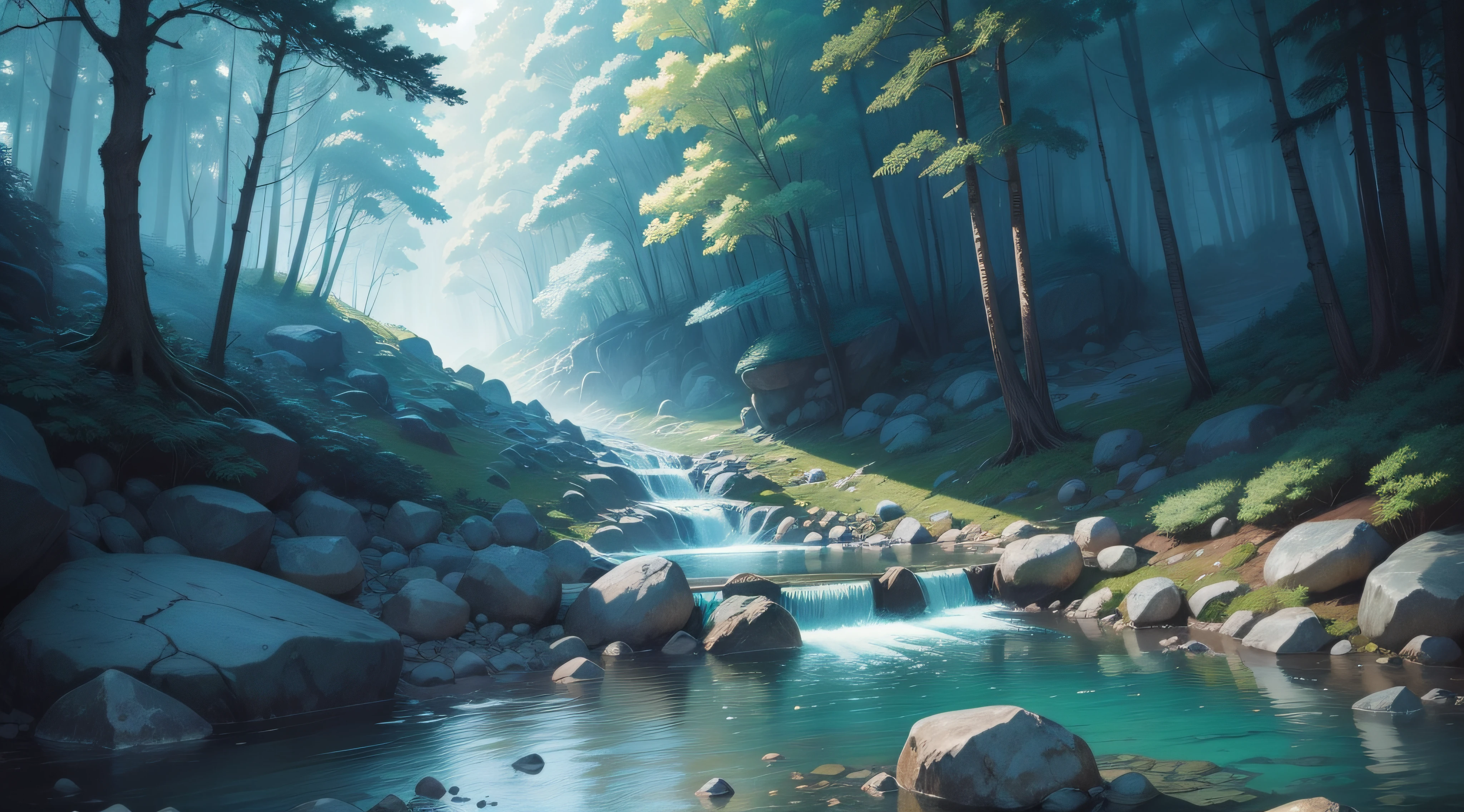 A forest, a stream, next to the stream there are many large rocks and small stones, blue water, strong flowing water, hand-drawn style, wacom, anime, animation, anime style