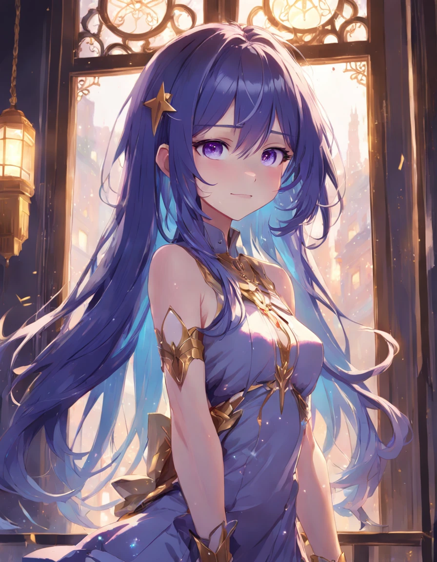 A girl with long purple gradient blue hair standing at the window，hands behind body，Smile at the camera，Golden eyes shining with starlight，Guweiz in Pixiv ArtStation, trending on artstation pixiv, style of anime4 K, Guweiz on ArtStation Pixiv, zerochan art, Anime fantasy illustration, Girl in a skirt, pixiv contest winner, Digital art on Pixiv，haughty，Exquisite aristocratic attire