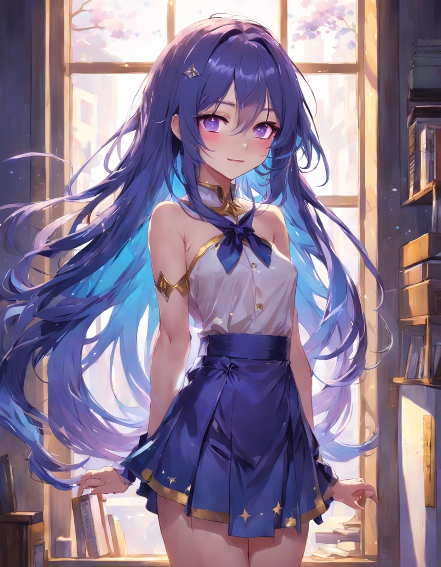A girl with long purple gradient blue hair standing at the window,hands behind body,Smile at the camera,Golden eyes shining with starlight,Guweiz in Pixiv ArtStation, trending on artstation pixiv, style of anime4 K, Guweiz on ArtStation Pixiv, zerochan art, Anime fantasy illustration, Girl in a skirt, pixiv contest winner, Digital art on Pixiv,haughty,Exquisite aristocratic attire