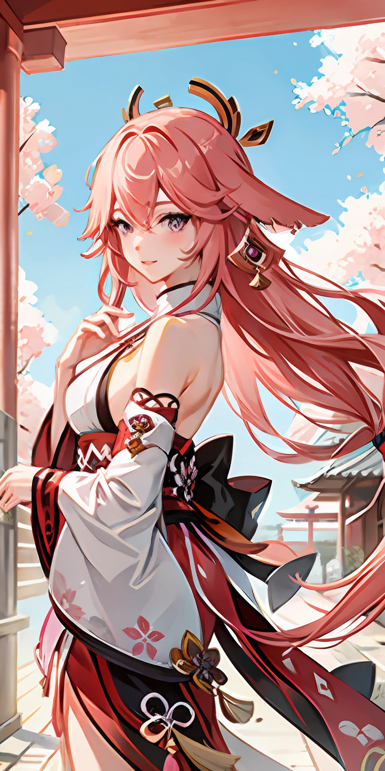 best quality, masterpiece, highres, 1girl,female,solo, mature female,yae miko, 1girl, \n/, animal ears, bare shoulders, blush, breasts, cherry blossoms, closed mouth, detached sleeves, earrings, flower, fox ears, gem, hair between eyes, hair ornament, japanese clothes, jewelry, kimono, long hair, medium breasts, miko, nontraditional miko, pink eyes, pink flower, pink hair, purple gemstone, short kimono, sidelocks, smile, solo, upper body, white kimono, in front of the japanese red torii gate, sunset light, pink tones