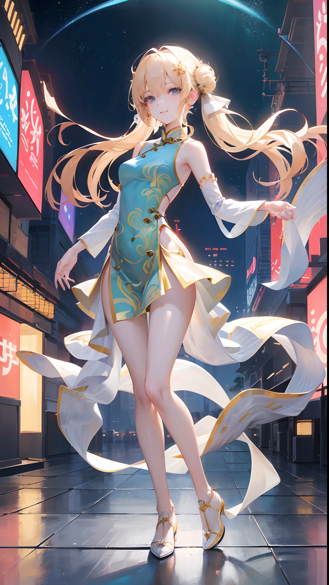 (full body shot of:1.4), Space art, Kaori Inoue、1 Cheongsam woman,Standing posture,Transparent robotic arm,Slender figure,perfectly proportions,Delicate hair accessories, Smile,Transparent mechanical shoes, Oriental elements, ( Bokeh),High quality,4K,。.。.。.。.3D