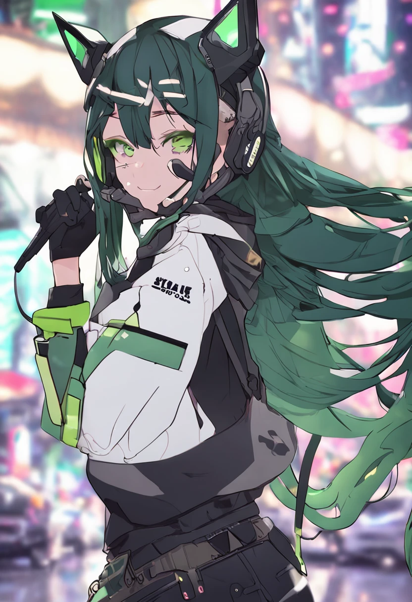assault rifle、Long sideburns、Beautiful anime style girl all over, clean detailed faces, Cyber,analogous colors, Glowing shadow, beautiful gradation, Depth of field, Clean image, High quality,Black hoodie outfit、 High detail, High definition, Blush, coalescence, beleza celestial, Very detailed, Soft lighting, full bodyesbian,Green&Black hair,Green eyes、