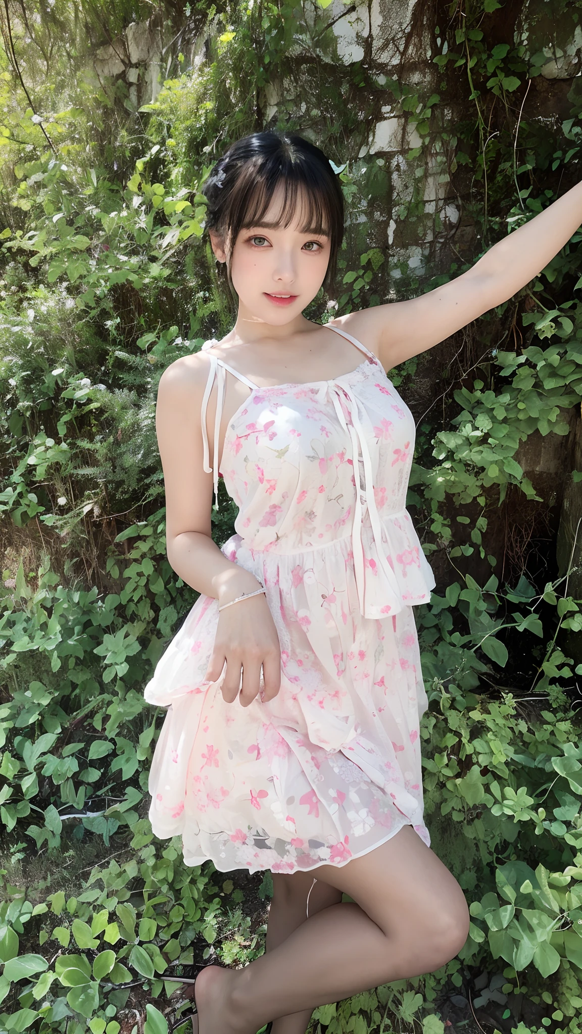 Masterpiece, top quality, photorealistic, super high quality, super high resolution, detailed image, cute girl standing in the mountains, full body, full body shot, cute white floral dress, exposed shoulders, 75cm chest, smaller breasts, more smaller breasts, perfect proportions, thin waist, perfect body, double eyelids , long eyelashes, narrow eyes, green eyes, ponytail tied with a ribbon, bright green hair, look here, long slender legs, facing forward, green and shiny nails, hands raised high to show side, hands clasped behind head, right leg raised at waist level, further away to show full body Photograph.
