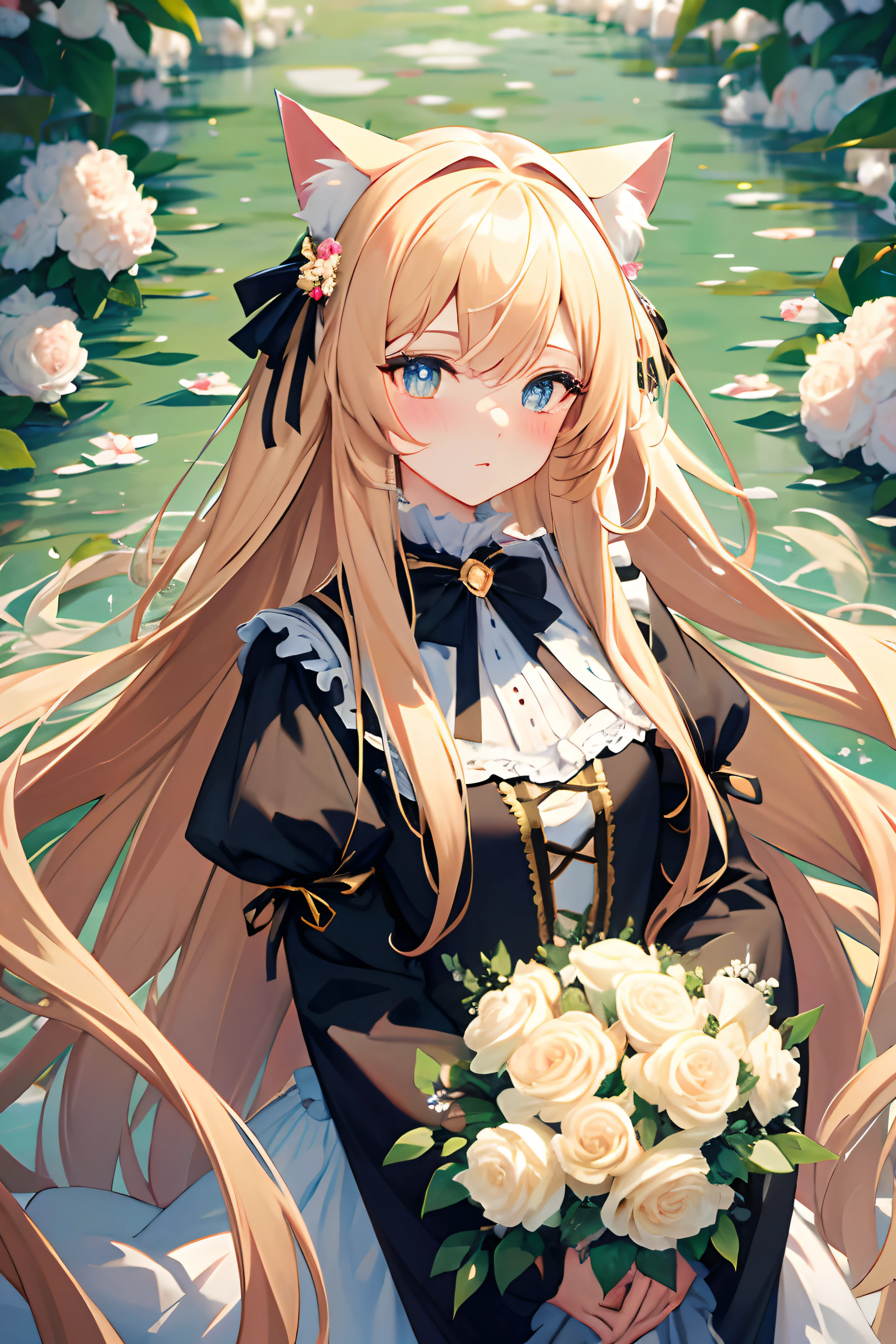 Very long hair, flowers in head, Cat ears, Bright pupils, Blush, Monet, anaglyph, Fuji colors, outside border, From above, hyper HD, Masterpiece, ccurate, Textured skin, 4K, Best quality, A high resolution, High quality, hyper HD, Masterpiece, Textured skin, A high resolution, Best quality, High quality, 4K,opulent