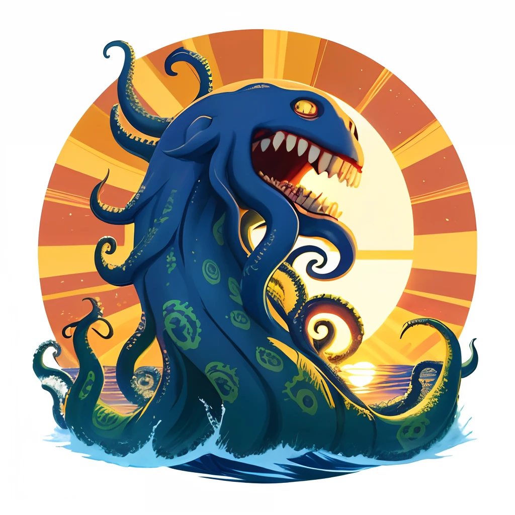 A vibrant kraken print with its tentacles curling around a bright yellow sun, printed on a white background.