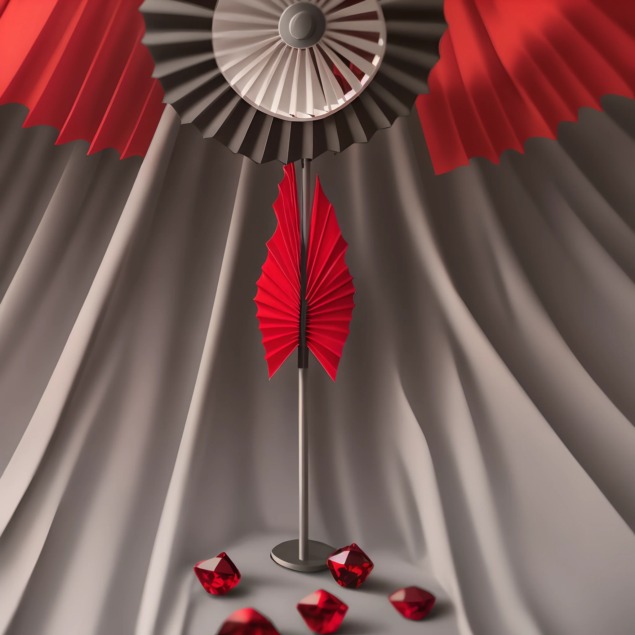 folding fan,Dark color throughout,There are symmetrical red gemstones