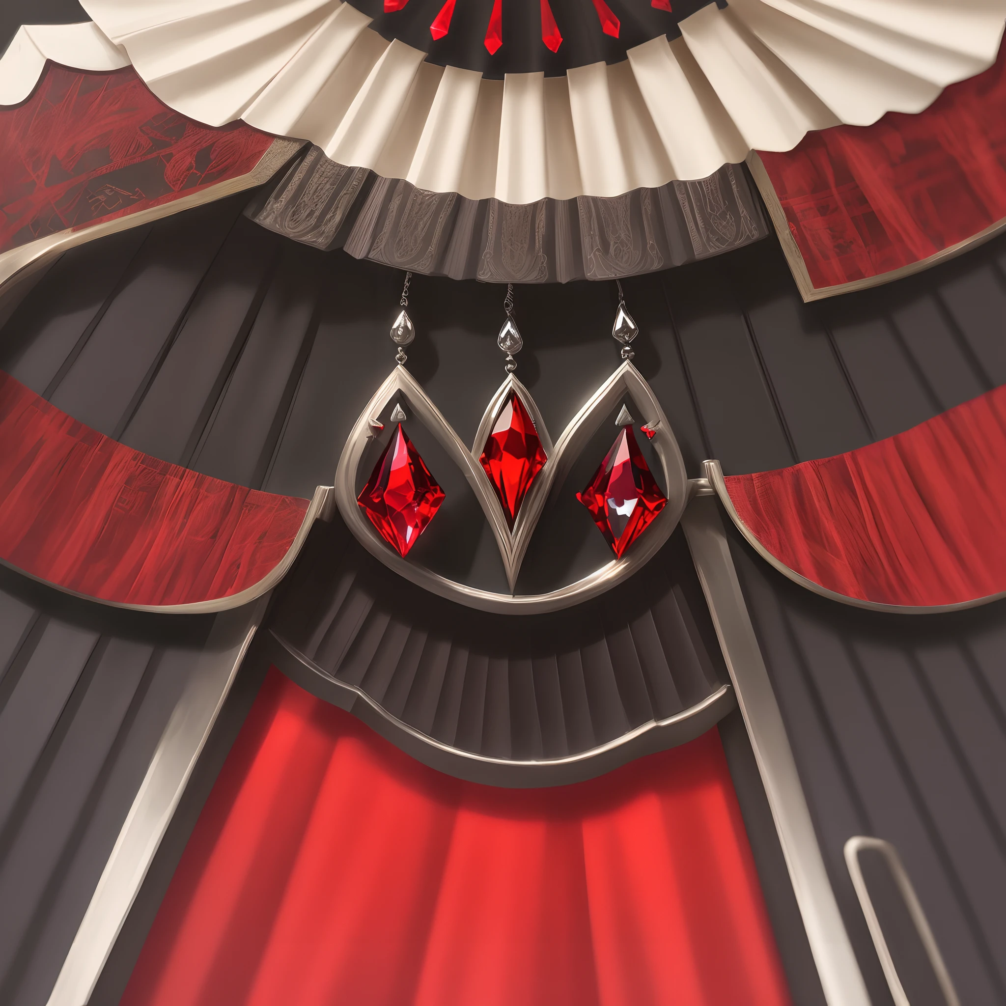 folding fan，Dark color throughout，There are symmetrical red gemstones