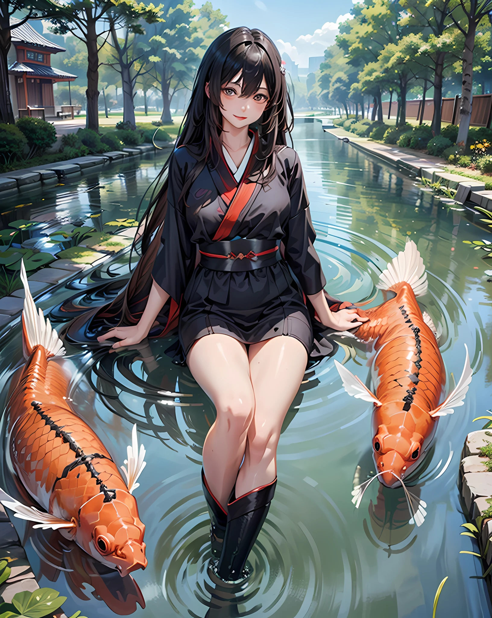 1fille, Regarder le spectateur, Eau, pond, lac, sanctuaire, koi, NSFW, nudity