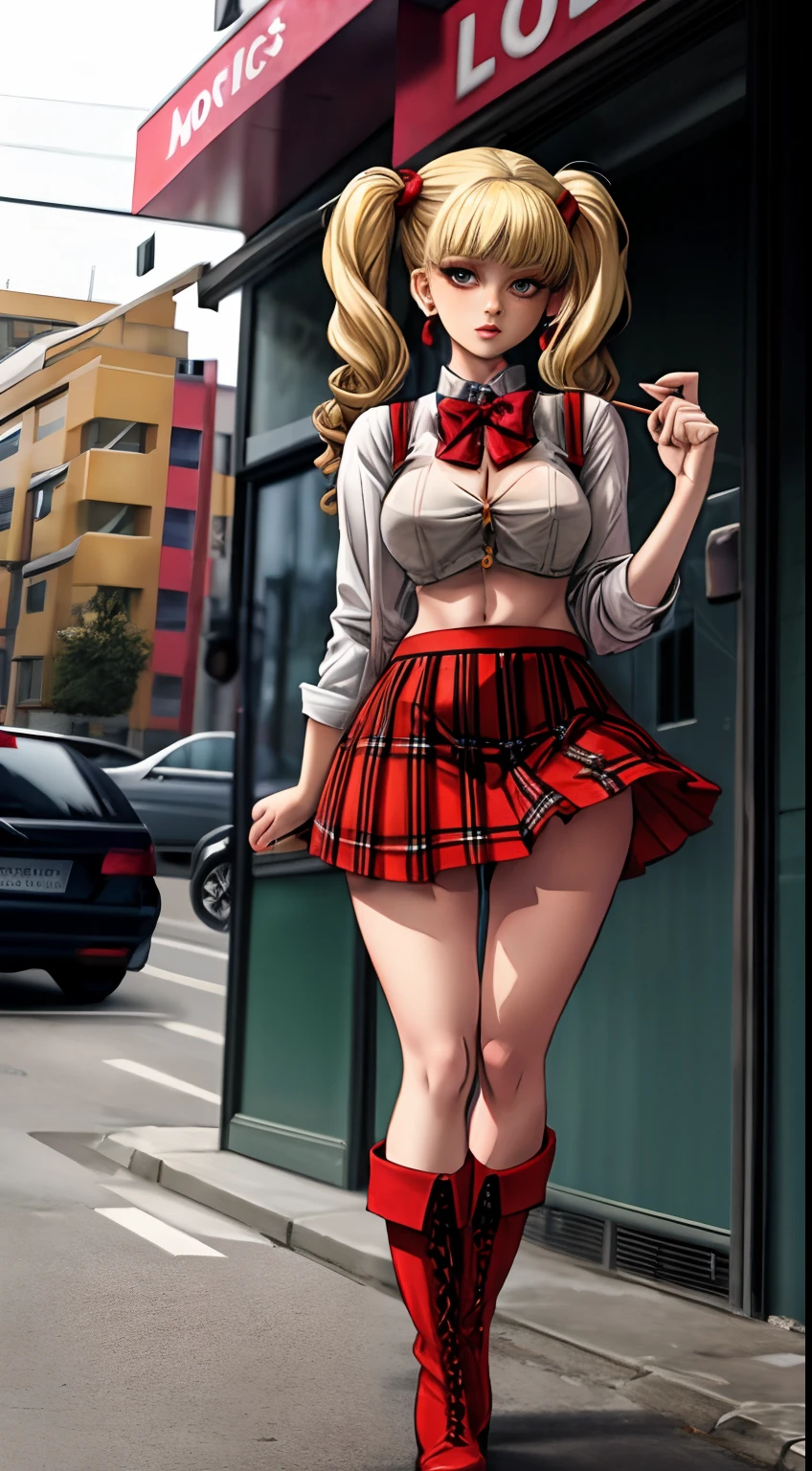 full-body shot, gorgeous woman, blonde, red tartan short skirt, knee high white socks, button up shirt, midriff, pigtails, cleavage, bowtie, boots, lollipop