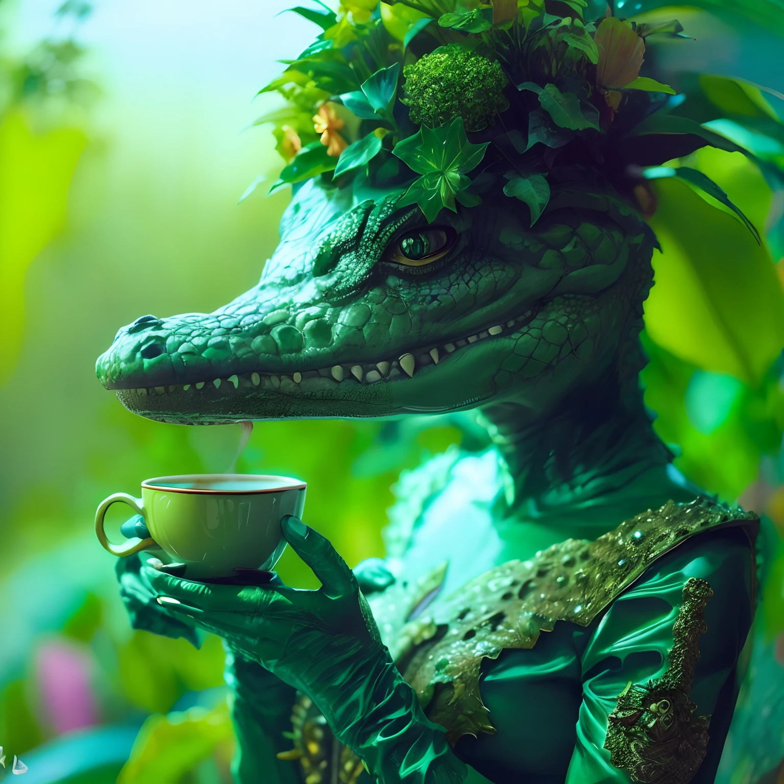 there is a statue of a crocodile with a cup of coffee, anthropomorphic alligator, crocodile loki, lizard person, lizardfolk, hot reptile humanoid woman, alligator shaman, anthro lizard, lizardman, sci-fi crocodile alien, as atlantean reptilian warriors, as an anthropomorphic dragon, beautiful avatar pictures