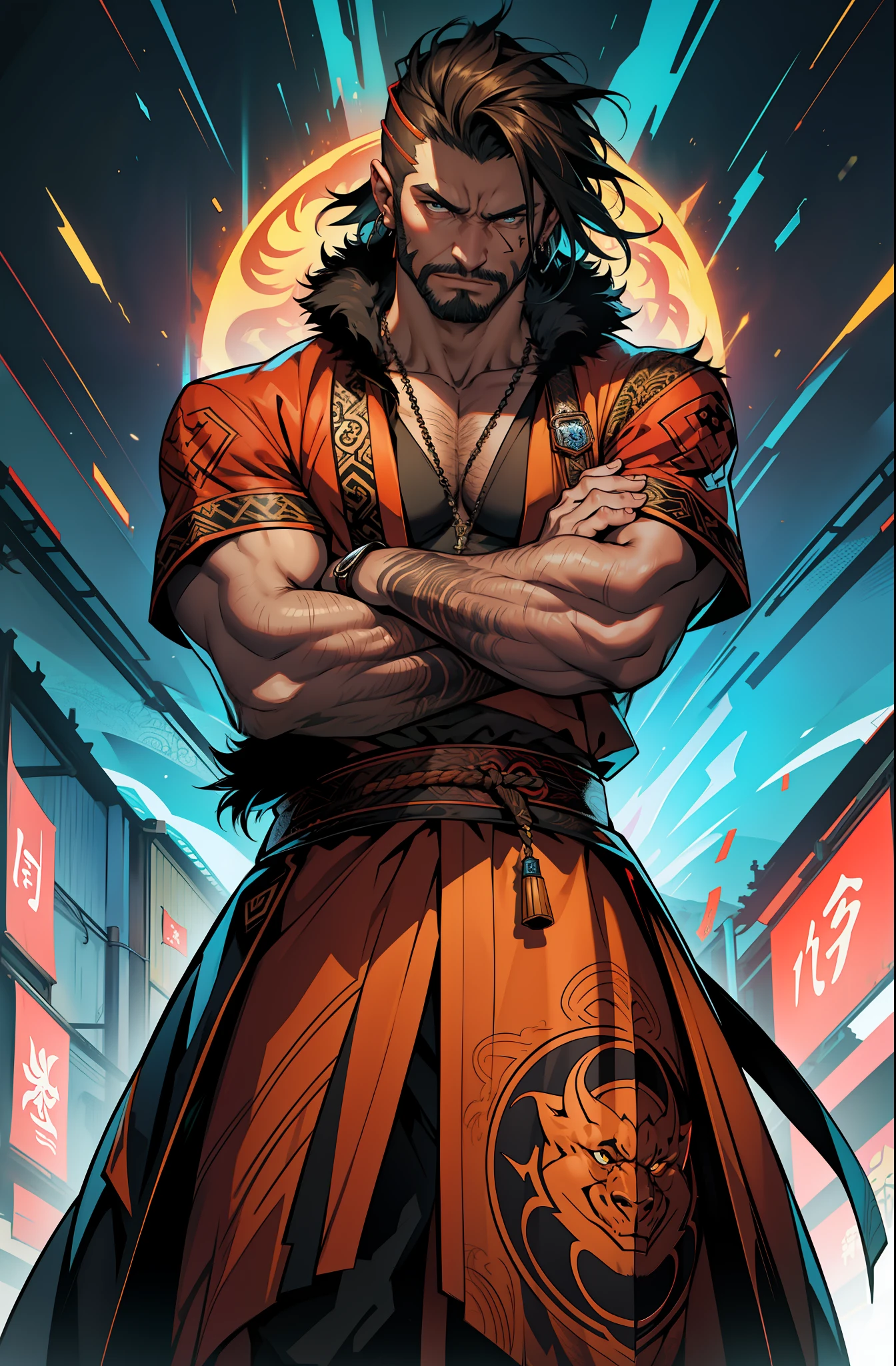 1 Orc male, brunette color hair,Facial hair,ultra - detailed, (s fractal art:1.4), rich colourful, detailed back ground,(Fractals in the background:1.2),The Yakuza,Fur coat, Berserker,hight contrast, Ray traching, cinmatic lighting, (Start from the front:0.6)
