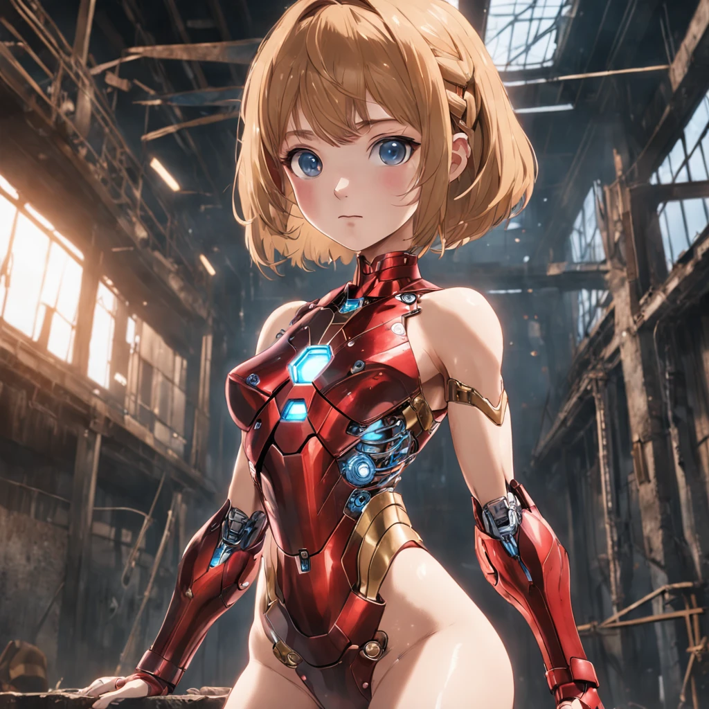 Award-Awarded, Super detail, hyper HD, Anatomically correct, retinas, Textured skin, Masterpiece, ccurate, High details, High quality, Best quality, A high resolution，8K，realisticlying，Glamorous，The is very detailed，A 20-year-old girl, a sexy and charming woman, inspired by Iron Man，Charming sexy pose，Dynamic capture，Wearing a shiny Iron Man mech，The color of the moment。She dresses to show sexiness and confidence，It perfectly interprets the power and charm of Iron Man。Abandoned warehouse as background，It creates a unique atmosphere，Highlight her bravery and perseverance。The cloudy sky adds a touch of tension and mystery to the entire scene。This one is high definition、High-quality images will give you a stunning visual experience，Detailed abandoned warehouses and shiny mechs will keep your eyes peeled。oc rendered，dramatic lights，Award-winning quality