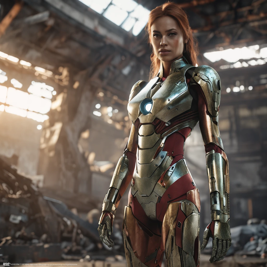 A beautiful girl with short bronze hair, sharp eyes, dark eyebrows, a high nose, a body made of steel, with an energy core in the middle of her chest, like Iron Man in the movie.