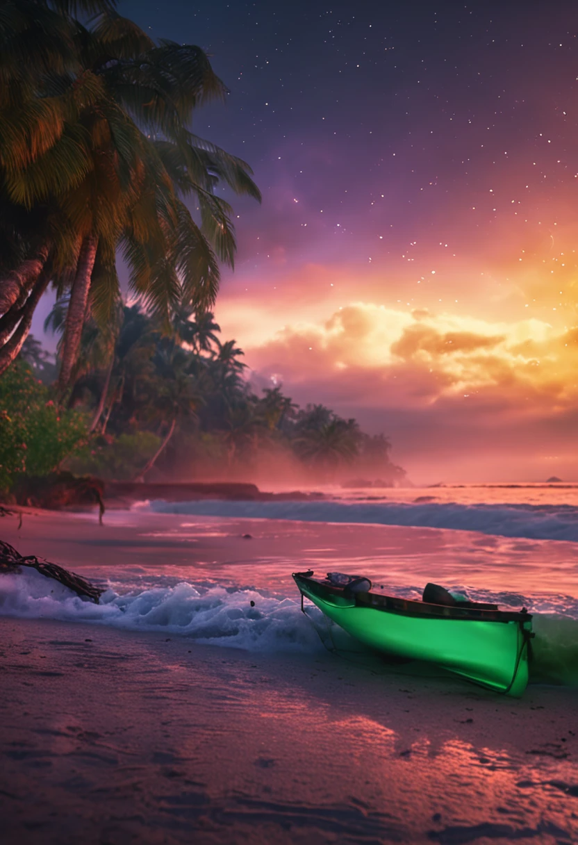 late sunset，the rainforest，Beach vacation，Campground under the stars，Reflection in the sea，vividness，hyper HD，particle effect，8k，hdr