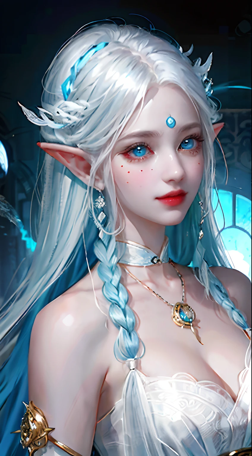 A girl with long white hair with a slight bluish tint，Bright blue eyes，elvish ears，There is only one red tear mole in the corner of the right eye，She wears a pair of monocles on her left eye，Wearing a plain cheongsam，Holding a fan in his hand，Only the right ear has a pendant，A plausible smile appeared on his face